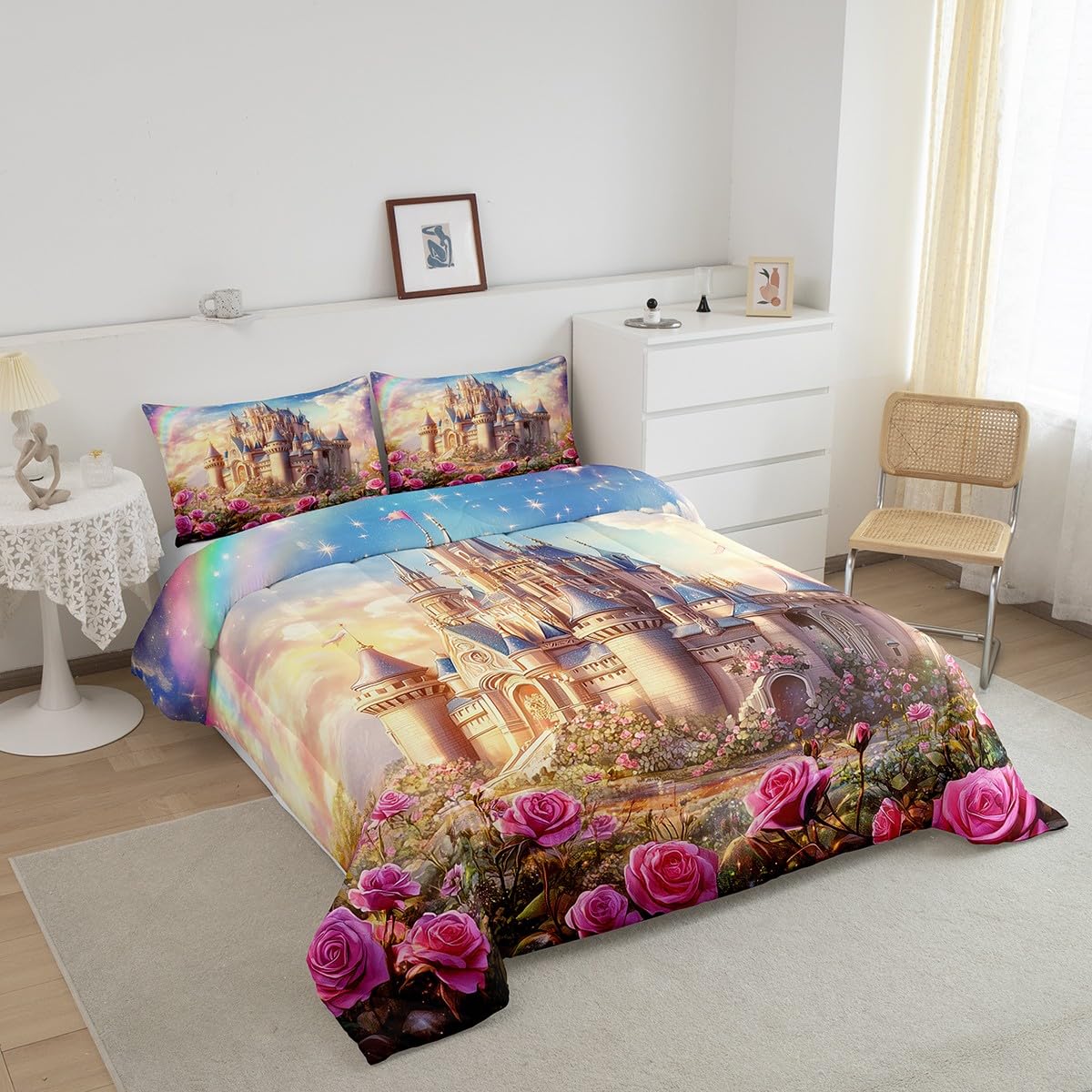 Cartoon Castle Kids Comforter Set Twin Size,Rose Flowers Tale Princess Dreamy Bedding Set,Girls Women Room Decor,Starry Sky Cloud Romantic Down Comforter,Pink Fashion Duvet Insert,1 Pillowcase