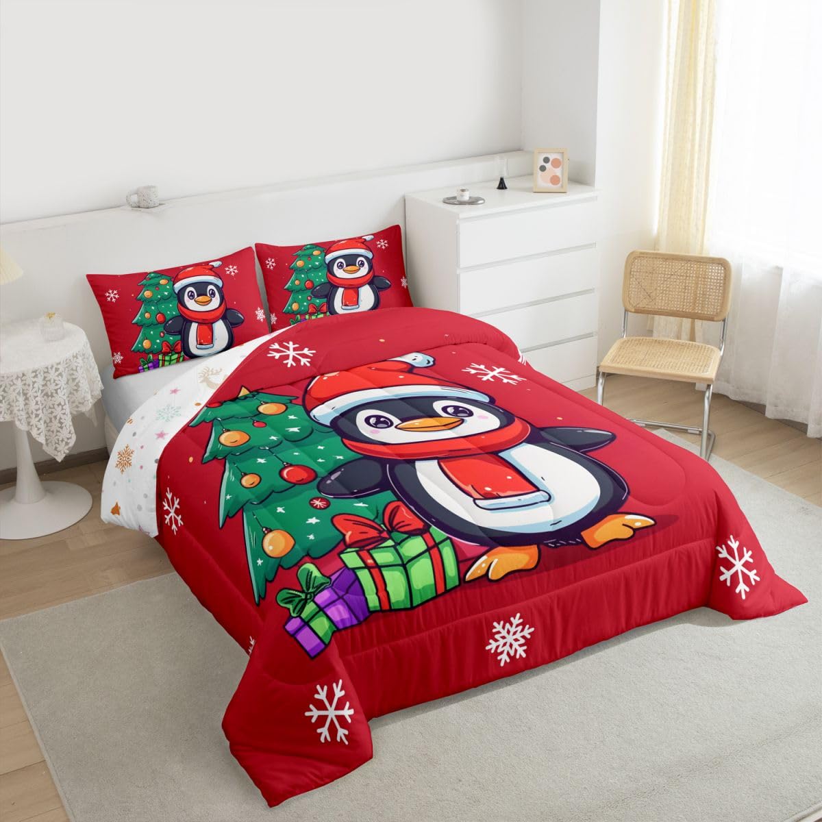 Erosebridal Christmas Penguin Comforter Set Queen Santa Hat Penguin Bedding Set Antarctic Animal Print Comforter for Kids Boys Girls,Xmas Tree Snowflake Gifts Quilt Duvet
