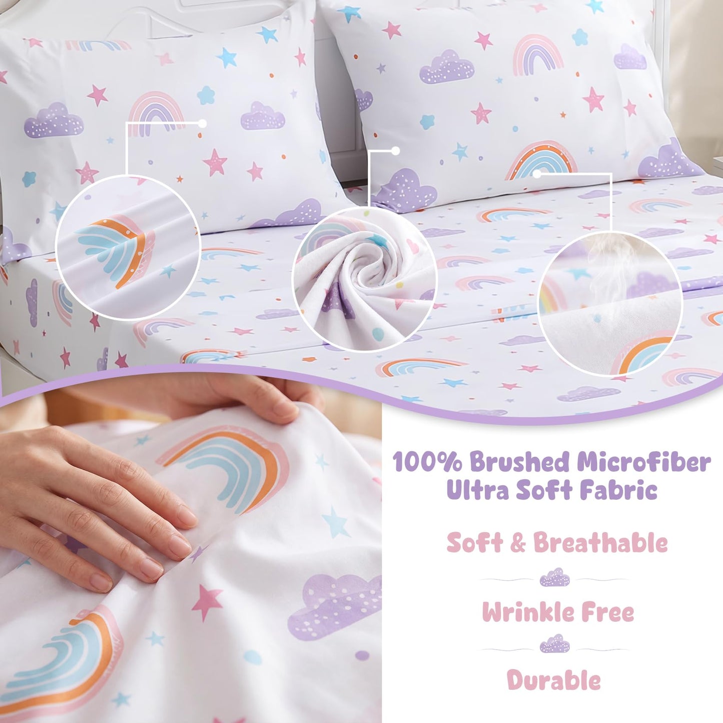 Ocharo Full Size Rainbow Bed Sheets for Girls Kids- Soft Microfiber Stars Printed Sheet Set 4 Pieces with Deep Pockets,Breathable & Fade Resistant Purple Pink Clouds Bedding Set