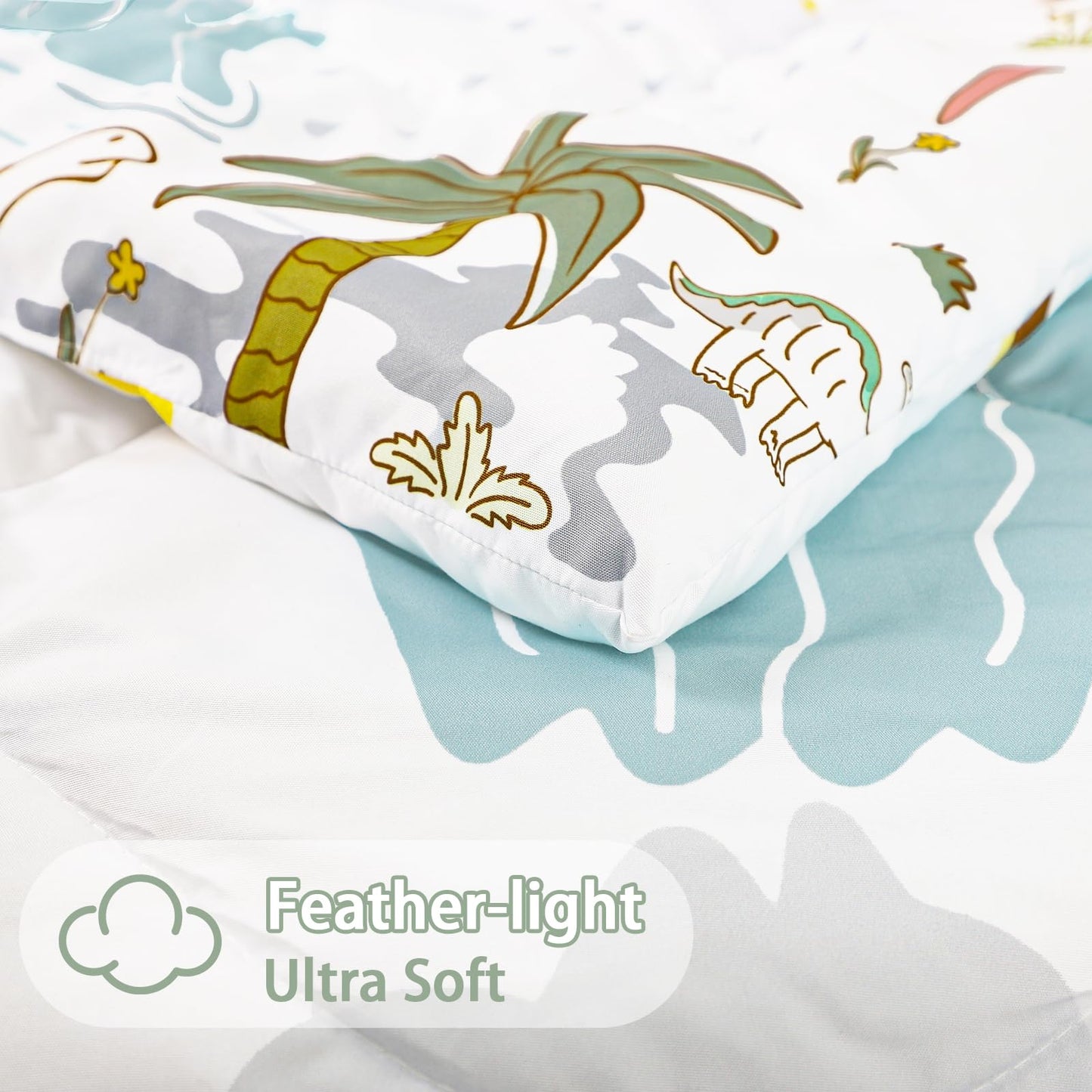 SWESEN Toddler Bedding Set for Boys, Cute Dinosaurs Toddler Boy Bedding Set, Soft & Lightweight 4 Piece Toddler Comforter Sets Include Comforter, Flat Sheet, Fitted Sheet, Pillowcase