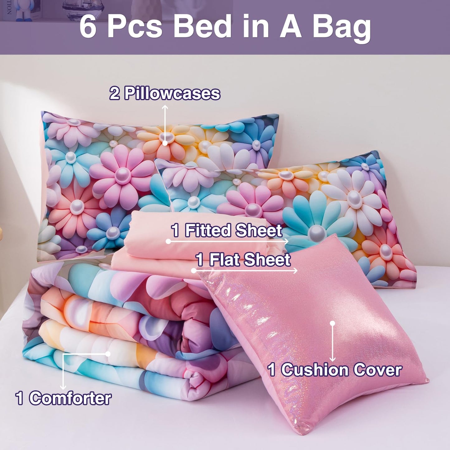 A Nice Night Stunning Blooming 3D Flower Floral Comforter Sets, with Pearl Flower Core Pattern Bedding Set for Girls Twin Size, Ultra Soft Bedding Sets (Blue-Purple, Twin 6Pcs)