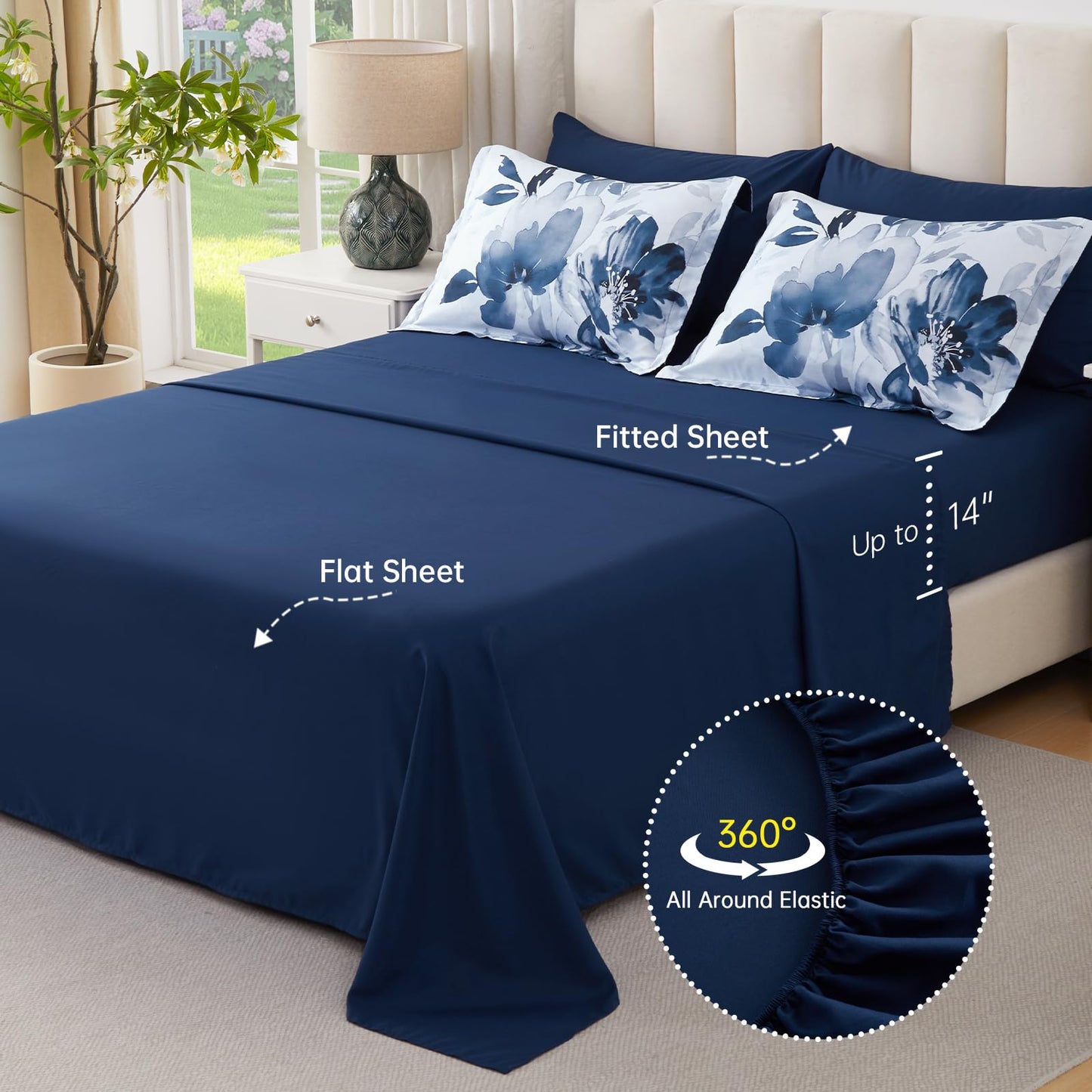 Luxudecor Floral Comforter Set Queen Size, 7 Piece Blue Flower Set Bed in a Bag,Soft Microfiber Farmhouse Shabby Chic Bedding Set for All Seasons(90"x90")