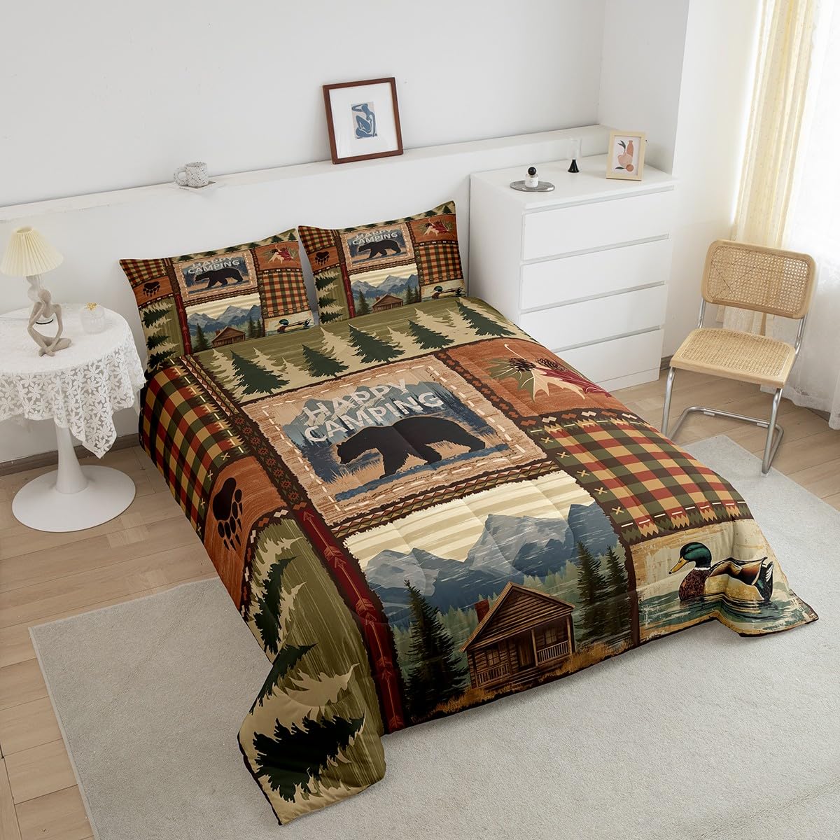 RV Camper Queen Comforter Set,Happy Camping Bedding Set for Teens Youth,Hunting Duck Bear Bedding Comforter Sets Rustic Plaid Woodland Adventure Duvet Insert with 2 Pillow Shams Bedroom Decor