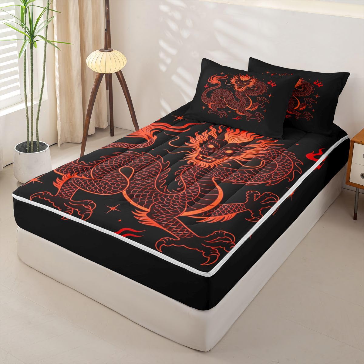 Erosebridal Japanese Style Dragon Kids Twin Zipper Bedding Set Red Black Comforter Set with Fitted Sheet for Boys Girls Teen Exotic Animal 3 Pcs Bed in a Bag Set Vintage Wildlife Zip Up Bedding Sets