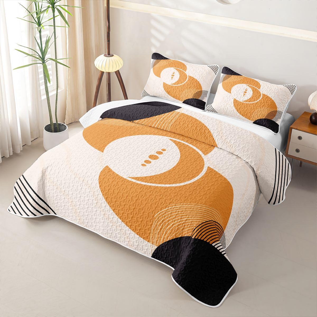 Erosebridal Boho Mid Century Quilt Twin Size - Geometric Circle Minimalist Style Bedspread Bohemian Abstract Bed Coverlet with 1 Pillowcase