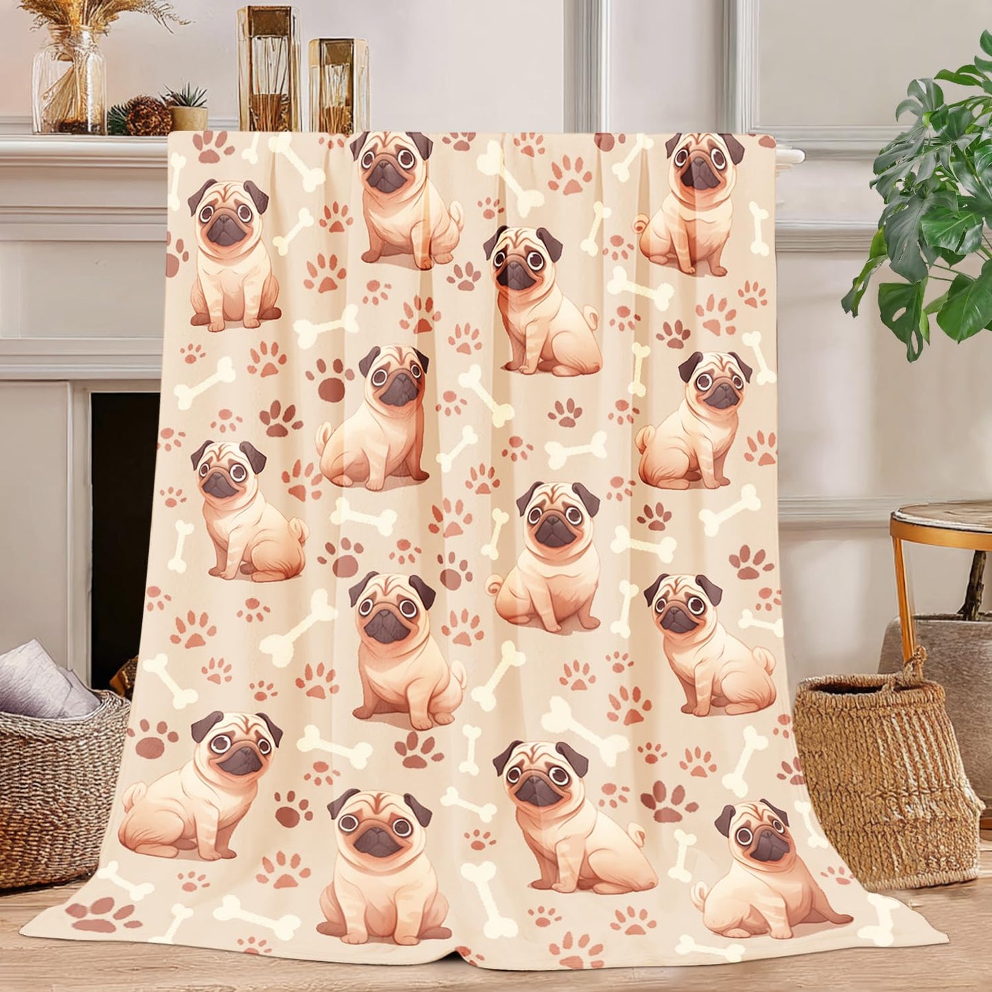 Pug Blanket Pug Dog Decor Cozy Animal Throw Super Soft Plush Flannel Fleece Blanket Gift for Kids Adults Men Women Ultra Warm & Lightweight Flannel, 50"X40"