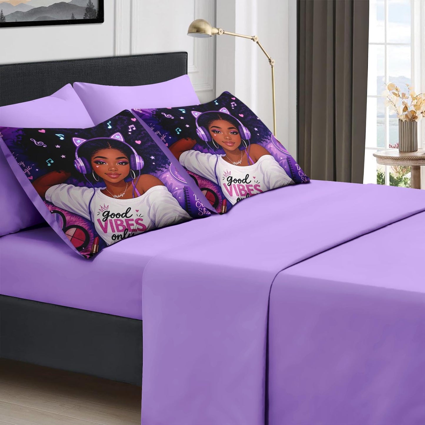 Boewywh Comforter Set Twin Size Music Purple Kawaii 5 Pcs, Bedding for Kids and Adults, Black Girly Bed Sheet Sets with Fitted Sheet Pillowcase & Sham for Bedroom Bed Decor