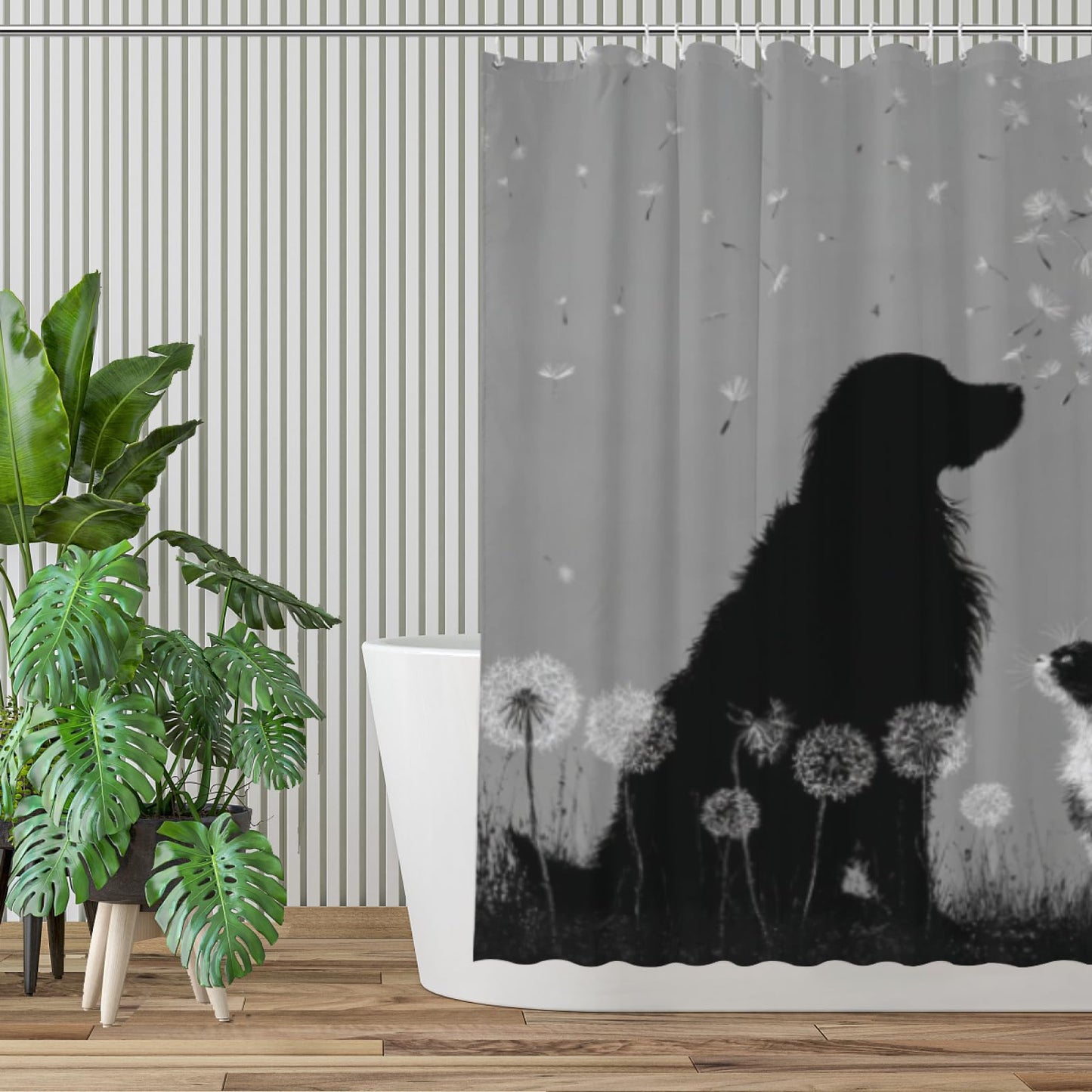 Wordatu Cat & Golden Retriever Bathtub Bath Curtain Dandelion Cute Pet Animal Bathroom Set Accessories for Kids Teens Adults Waterproof Shower Curtain 72x72 with 12 Hooks