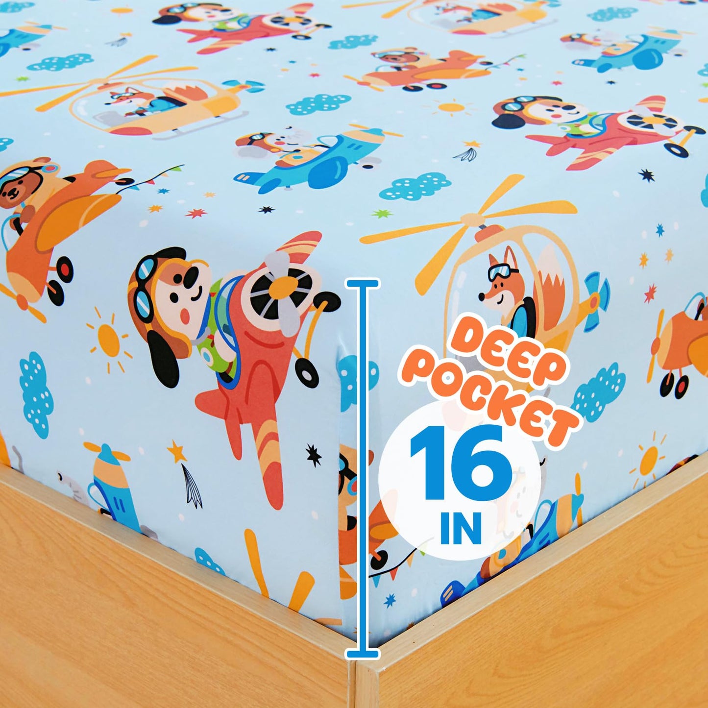 Homilay Full Sheet Set Kids - Airplane 4 Pieces Soft Microfiber Cartoon Style Bedsheets for Boys Girls Teens, Oeko TEX Breathable 15 Inch Deep Pocket Sheets(Animal Captain)