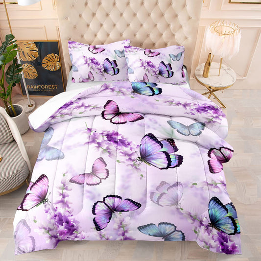 XYNHML Lavender Butterfly Comforter Set for Girl Kid Adult Colorful Butterfly Pattern Bedding Set Aesthetics Butterflies Quilt Bed Set Twin Size with 1 Comforter and 2 Pillowcases