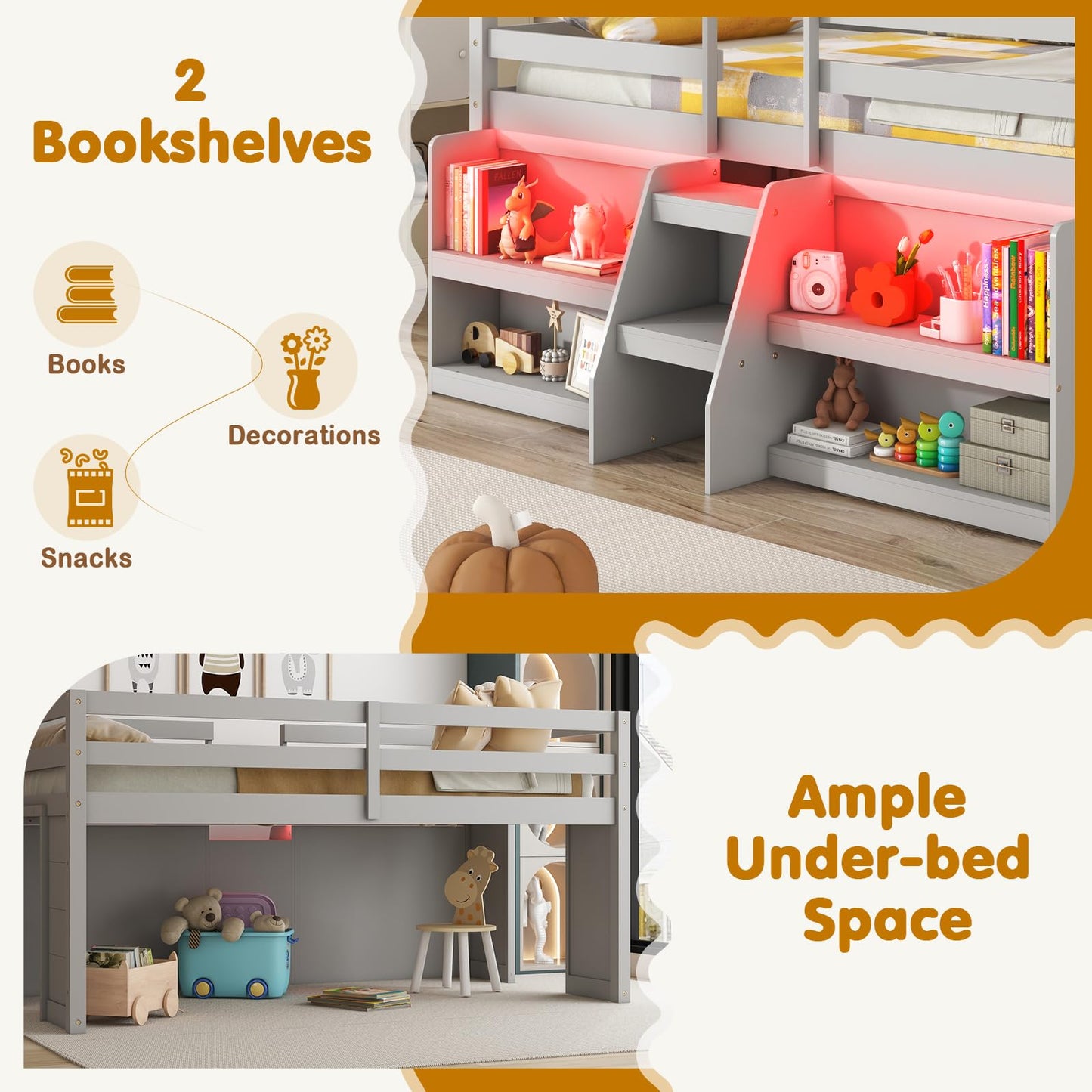 Giantex Twin Loft Bed with LED Lights, Wooden Loft Bed Twin Size with Stairs & Safety Guardrail, Low Loft Bed for Kids with Storage Bookcase and Under-Bed Play Space, Grey