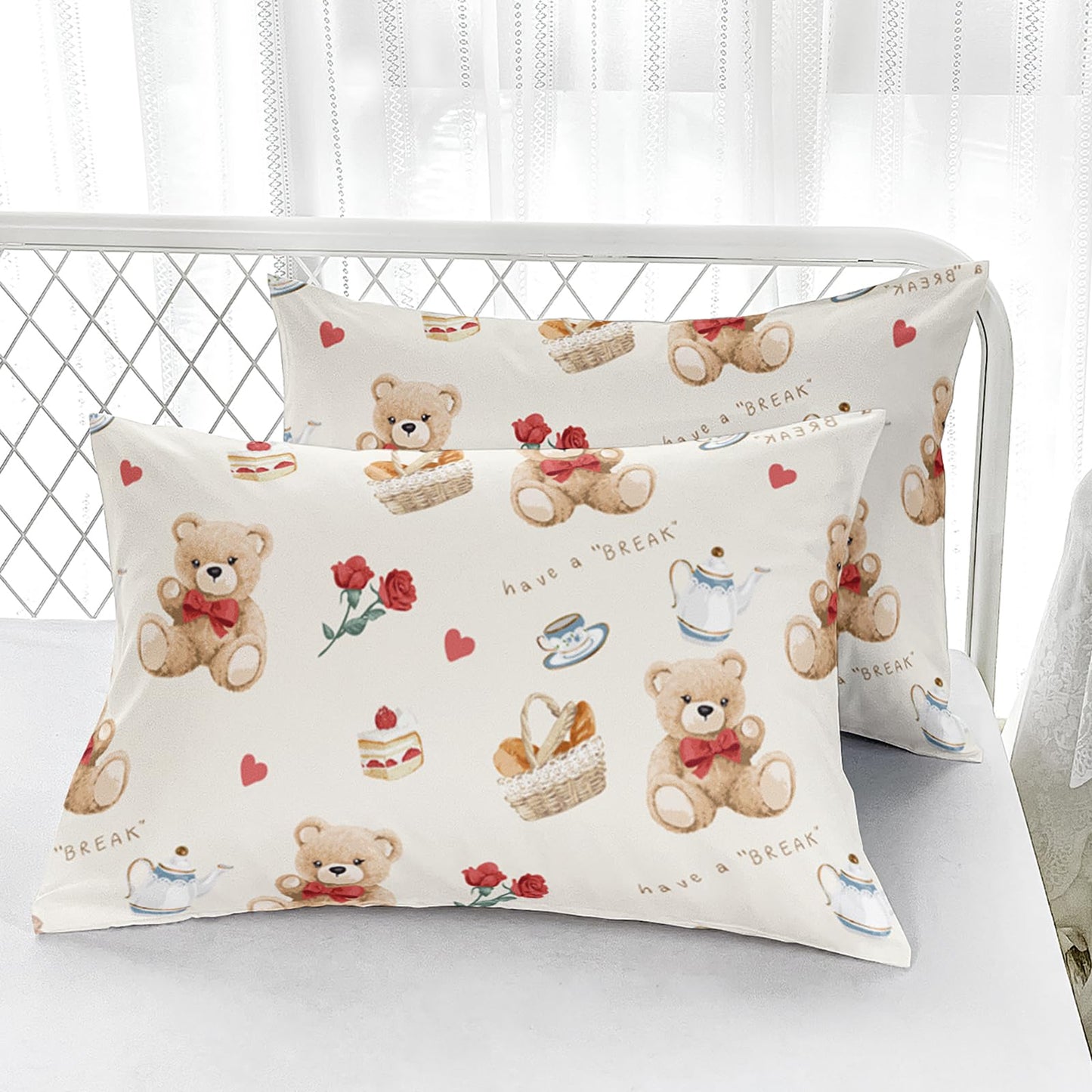 AILONEN Cute Teddy Bear Fitted Sheet Set Queen Size,Cartoon Desserts Red Rose Bed Sheet Set for Kids Girls,Kawaii Animal Theme Bow Tie Bear Fitted Sheet with 2 Pillowcases,3Pcs