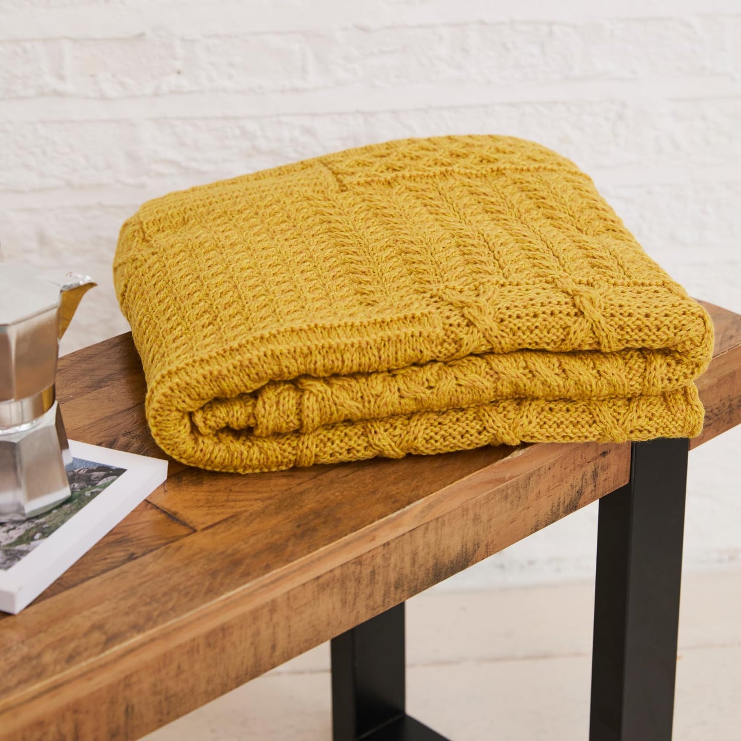 Aran Woollen Mills Patchwork Blanket, 100% Merino Wool, Cable Throw Blanket for Couch or Bed, Made in Ireland, Keel, Yellow, 40" x 60" (102 x 152 cm)