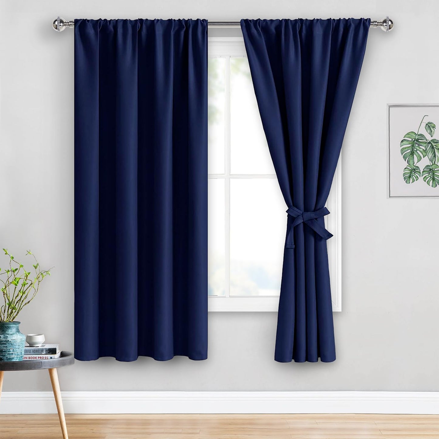 JIUZHEN Blackout Curtains for Bedroom– Thermal Insulated,Noise Reducing Room Darkening Drapes for Living Room, Rod Pocket Curtains with Tiebacks, Set of 2 Panels, 42 x 63 Inch Length, Navy Blue