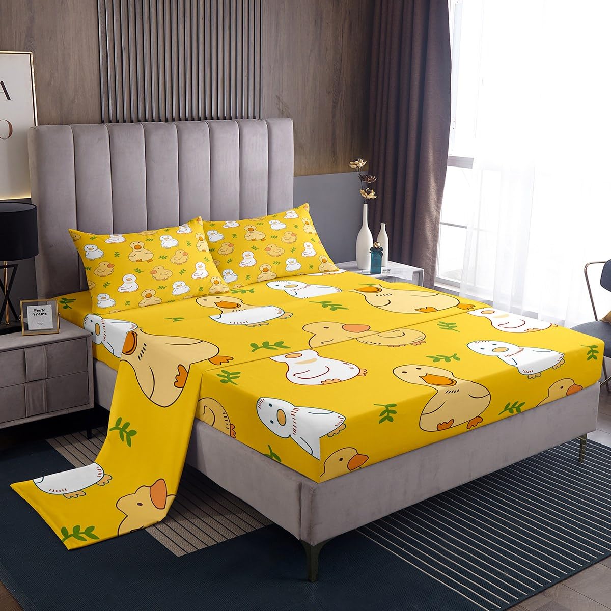 Erosebridal Cartoon Duck Bed Sheets for Kids Boys Girls,Kawaii Yellow Duck Sheet Set,Cute Hand Drawn Goose Bedding Set Full,Lovely Farmhouse Animal Fitted Sheet + Flat Sheet + 2 Pillow Shams