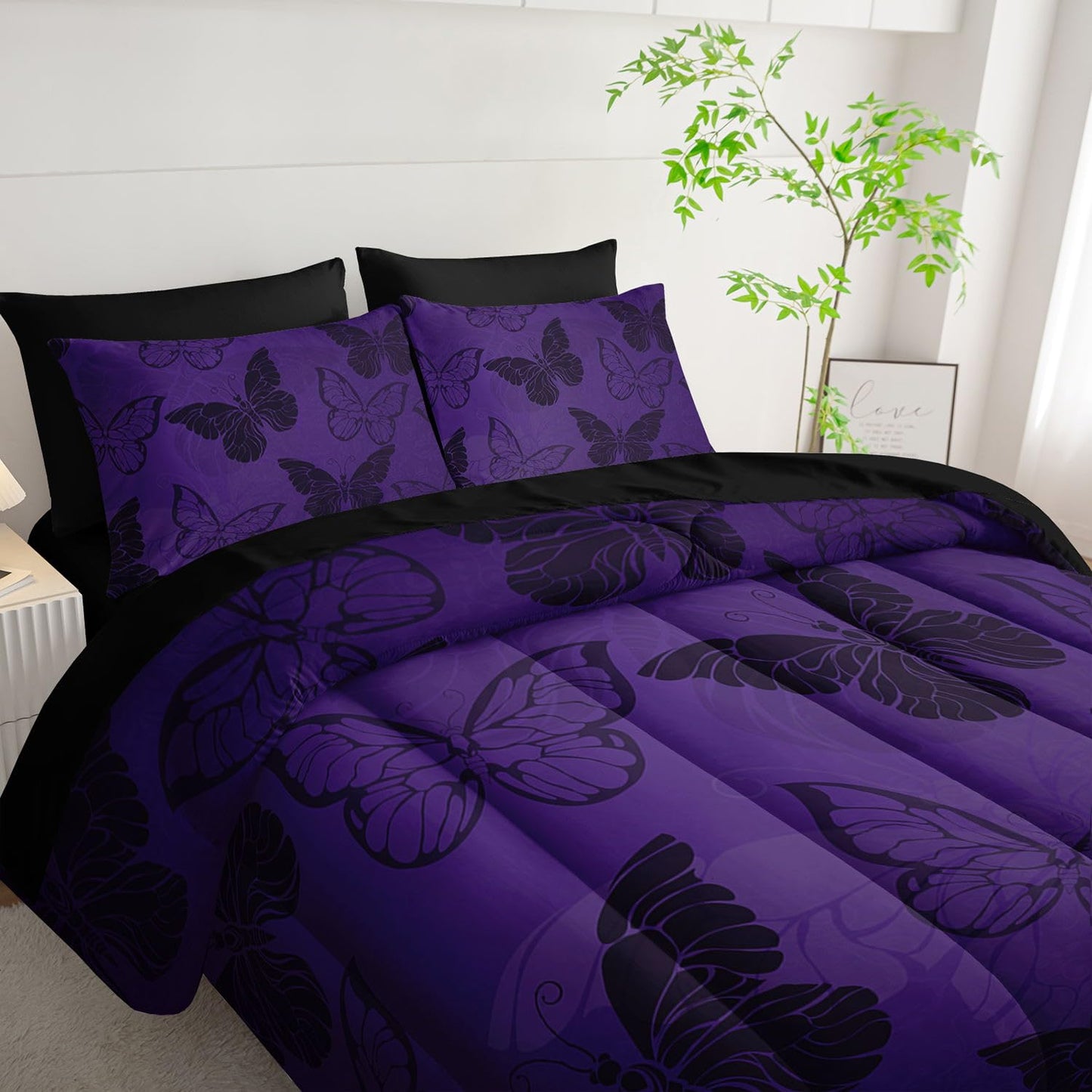 Smell Sunshine 7pcs Purple Butterfly Comforter Set Black Purple Printed Bedding Set with 1 Comforter, 1 Flat Sheet, 1 Fitted Sheet and 4 Pillowcases for Boys and Girls Bedroom (Butterfly-5 Twin