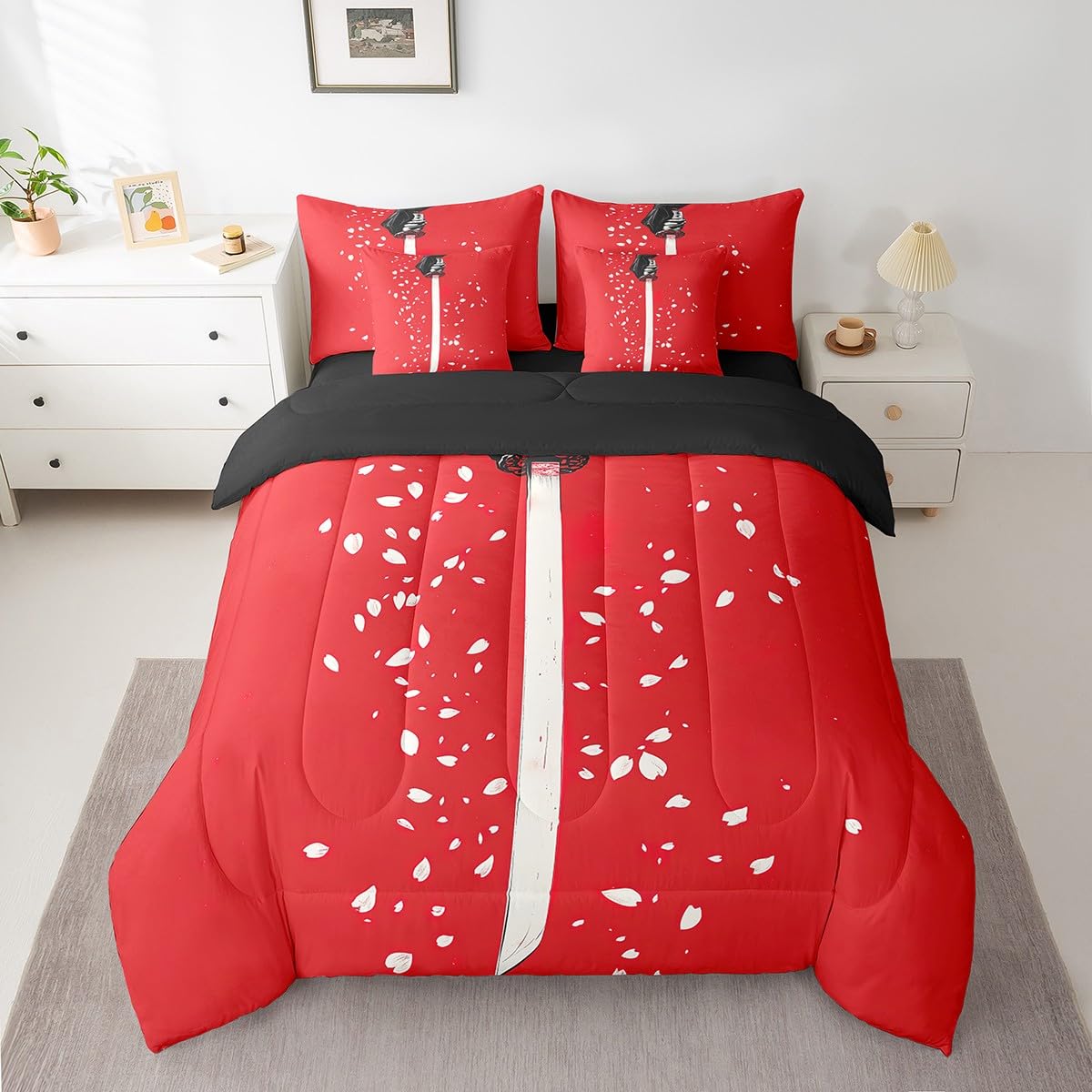 Erosebridal Cherry Blossom Petals Comforter Set Twin,Samurai Sword Bedding Set 7Pcs for Kids Boys Men,Red White Flower Floral Bed in a Bag