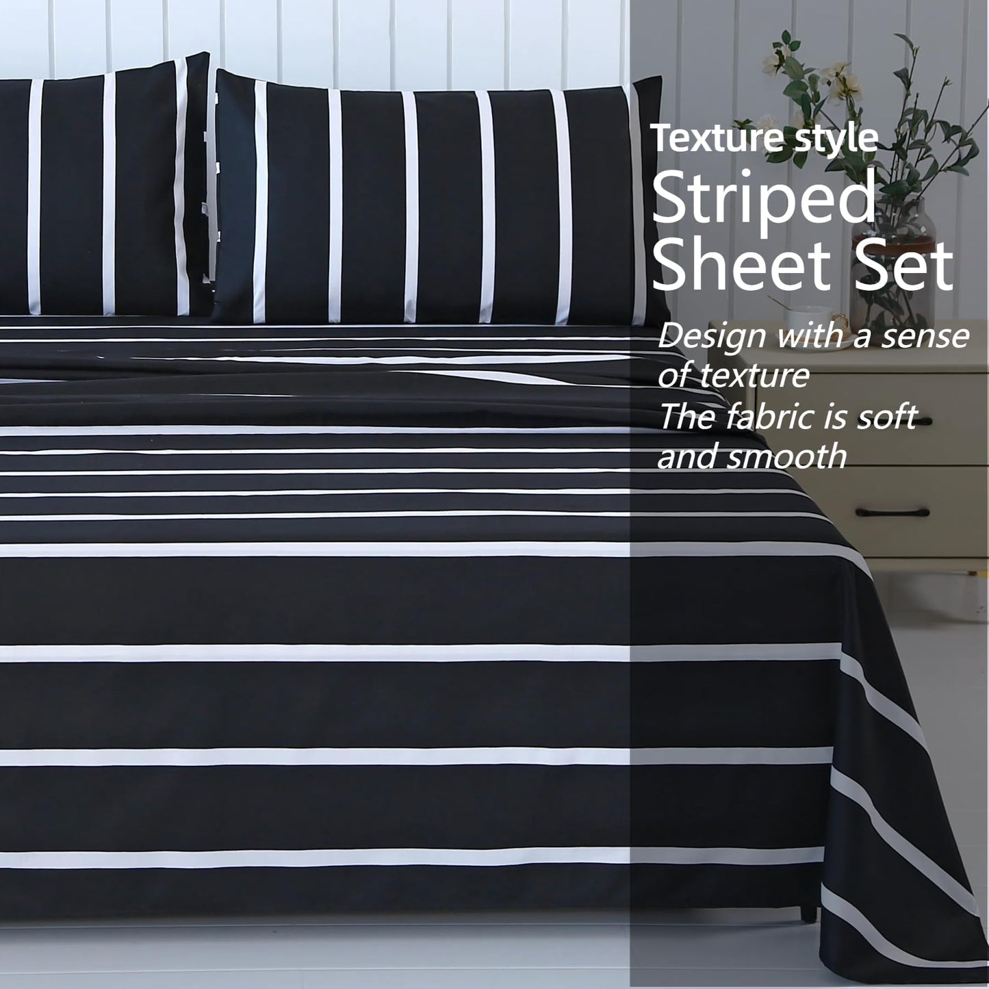 MAG 4Pcs Striped Queen Sheets Set,Black and White Microfiber Sheet Set Queen Size,Included 1 Fitted Sheet 14'' Deep Pocket+1 Flat Sheet+2 Pillowcases Soft and Breathable,Wrinkle and Fade Resistant.