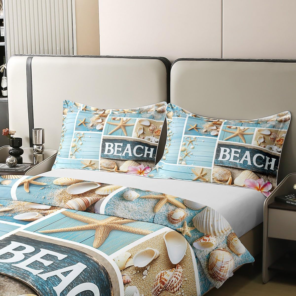 100% Cotton Hawaii Bed Sets Starfish Seashell Duvet Cover Pink Cherry Blossom Bedding Set Twin Coastal Sealife Patchwork Comforter Cover Farmhouse Decor Lodge Cabin Bed Cover with Zipper Closure