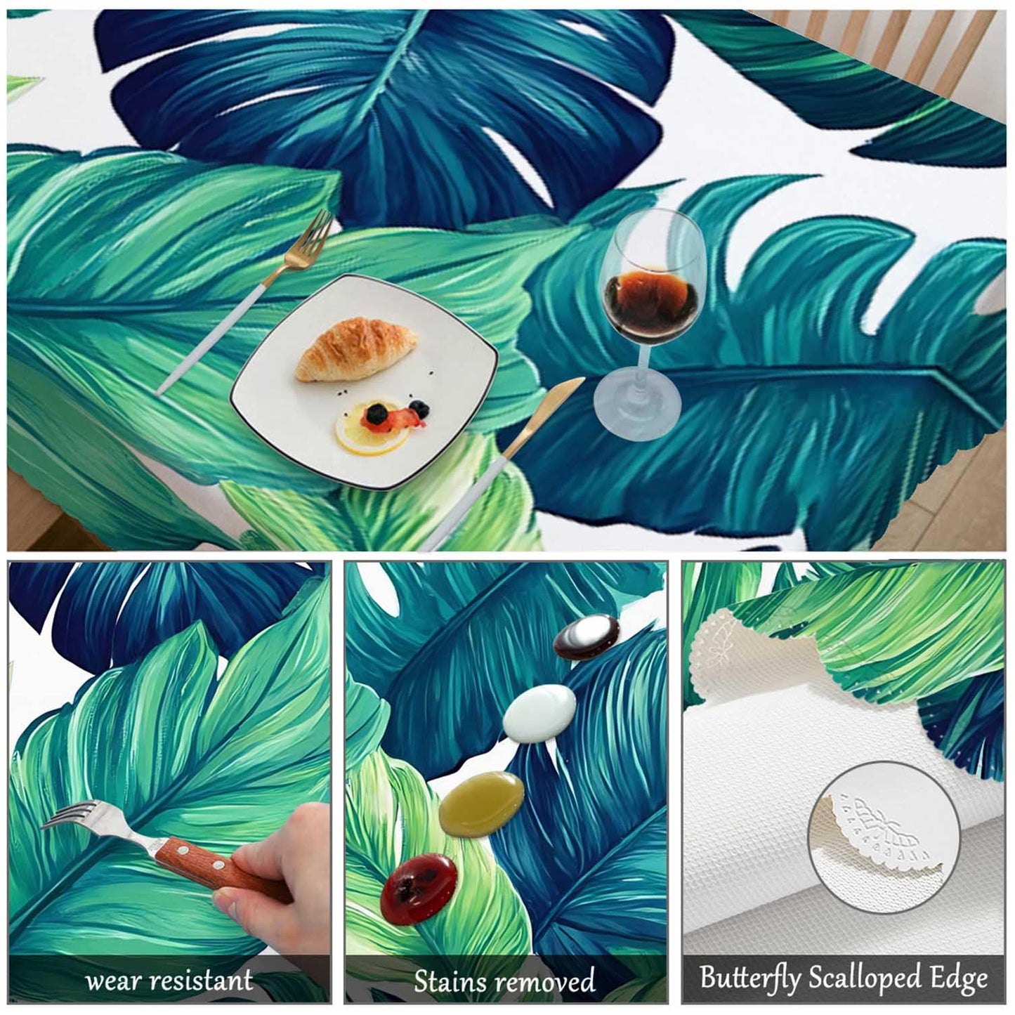 Swono Tropical Leaves Tablecloth Ocean Beach Turquoise Green Palm Leaves Rectangle Table Cloth Washable Plaid Table Cover for Kitchen Holiday Dinner, 52x 70 Inch Tablecloth