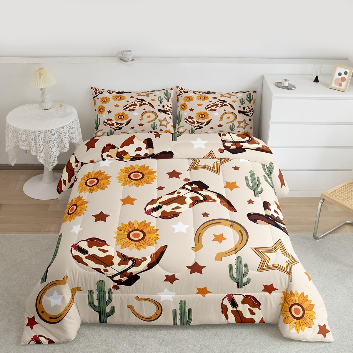 Feelyou Western Comforter Set Full Size Cowgirl Bedding Set for Kids Boys Girls Western Cowboy Boots Duvet Quilt Wild West Cactus Flower Bedroom Decor Beige Microfiber 3 Pcs with 2 Pillow Cases