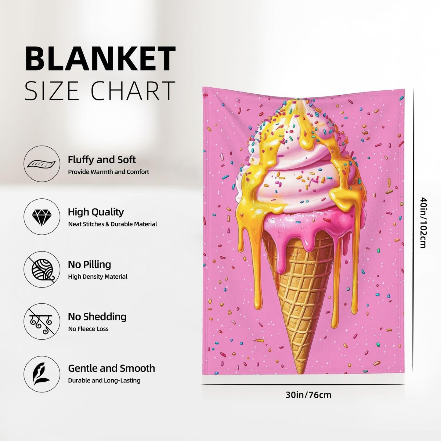 CDSASHCA Flannel Fleece Blanket,Dessert Dreams,Colorful Ice Cream Pattern, Cozy for Sweet Tooth Lovers, Machine-Washable, Cheerful Kitchen Accessory,Light and Warm,Gifts for Classmate 30X40 inch