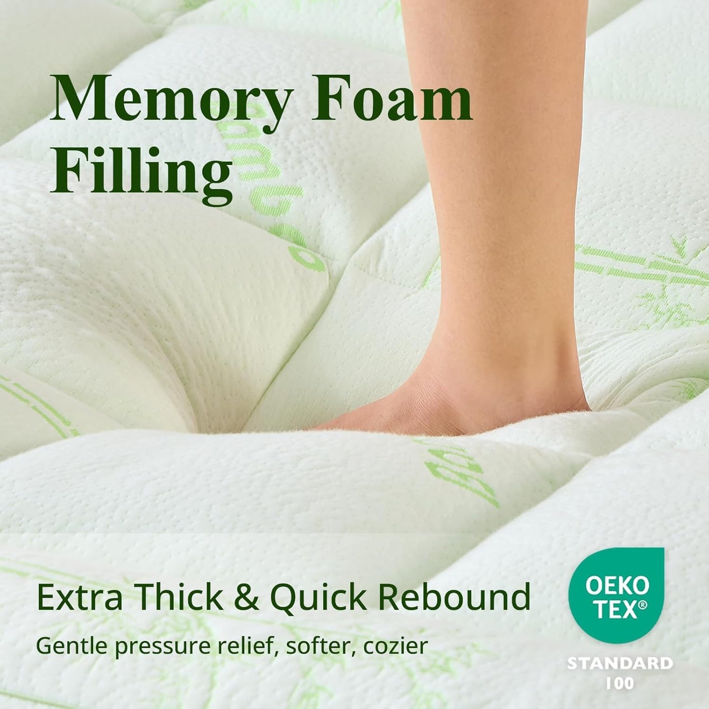 KRIMANO Memory Foam Mattress Topper - Viscose Made from Bamboo Pillow Top Thick Queen Size Mattress Pad for Back Pain, Ultra Soft & Cooling for Hot Sleepers, 6-18'' Deep Pocket, Green