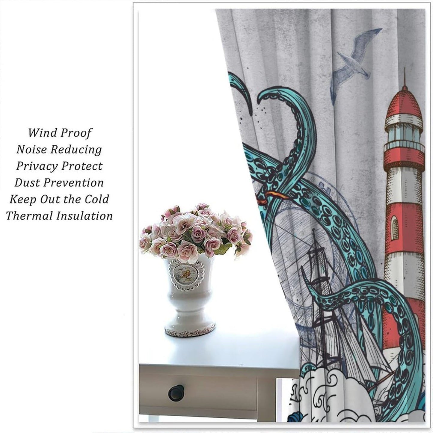 Nautical Curtains Vintage Blue Octopus Sea Monster Sailboat Map Rustic Lighthouse Compass Scene Ocean Beach Windows Treatments Rod Pocket For Boys Kids Living Room Bedroom 42x44.5In（No Blackout）