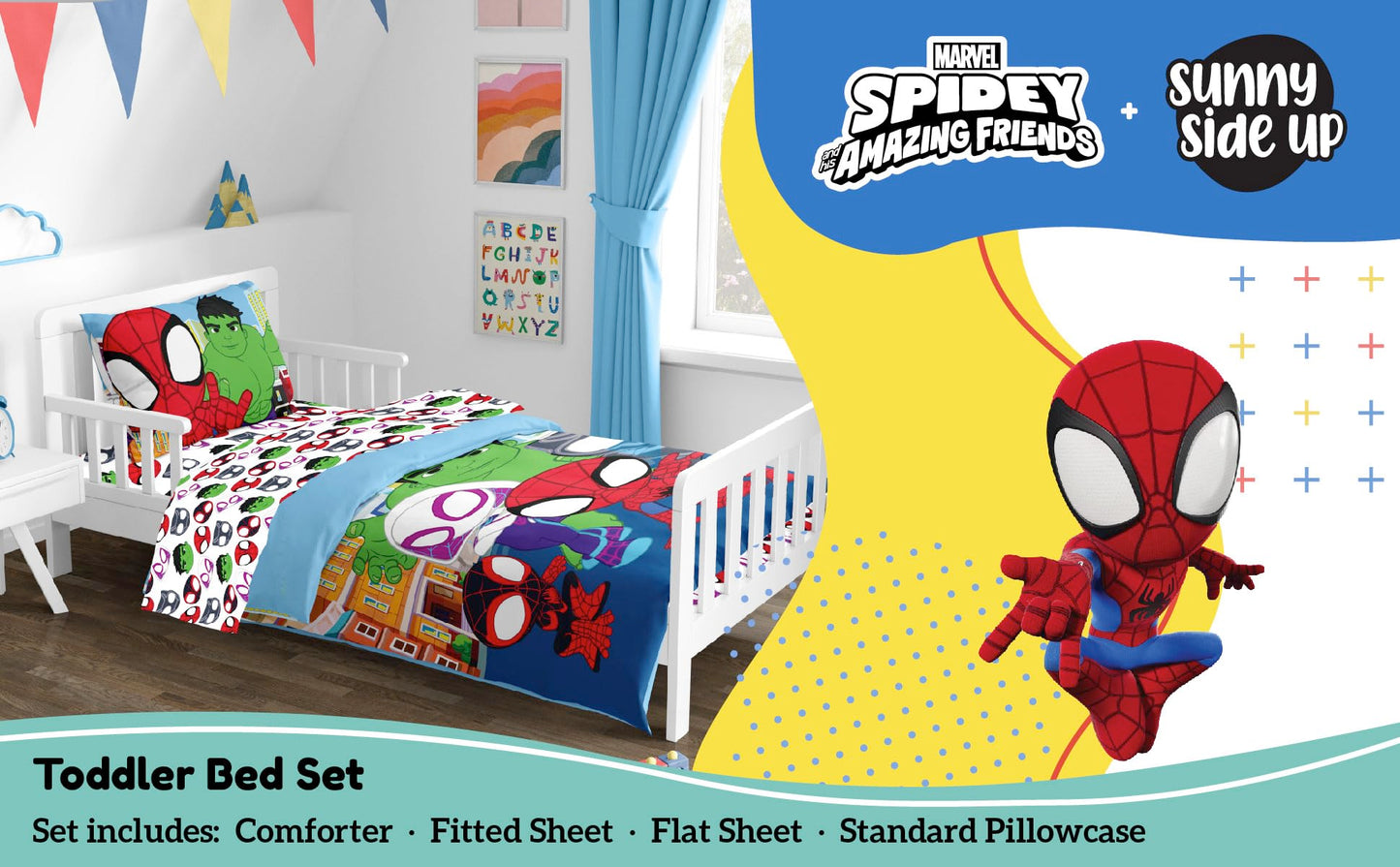 Sunny Side Up Marvel Spidey & His Amazing Friends Toddler Comforter Set - 4 Piece Preschool Bedding Includes Comforter, Sheets & Pillow Cover – Super Soft Superheroes Microfiber Bed Set