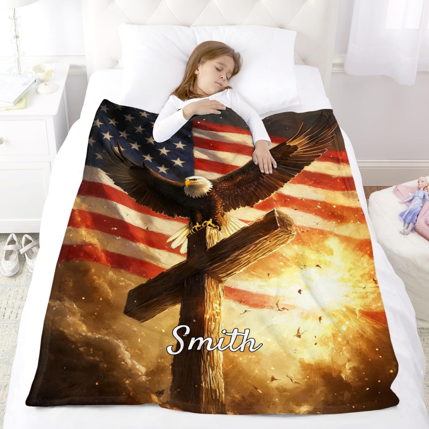 Cross Eagle and America Flag Blanket Personalized - Ultra Soft Throw with Name for Independence Celebration Gift, 30" x 40"