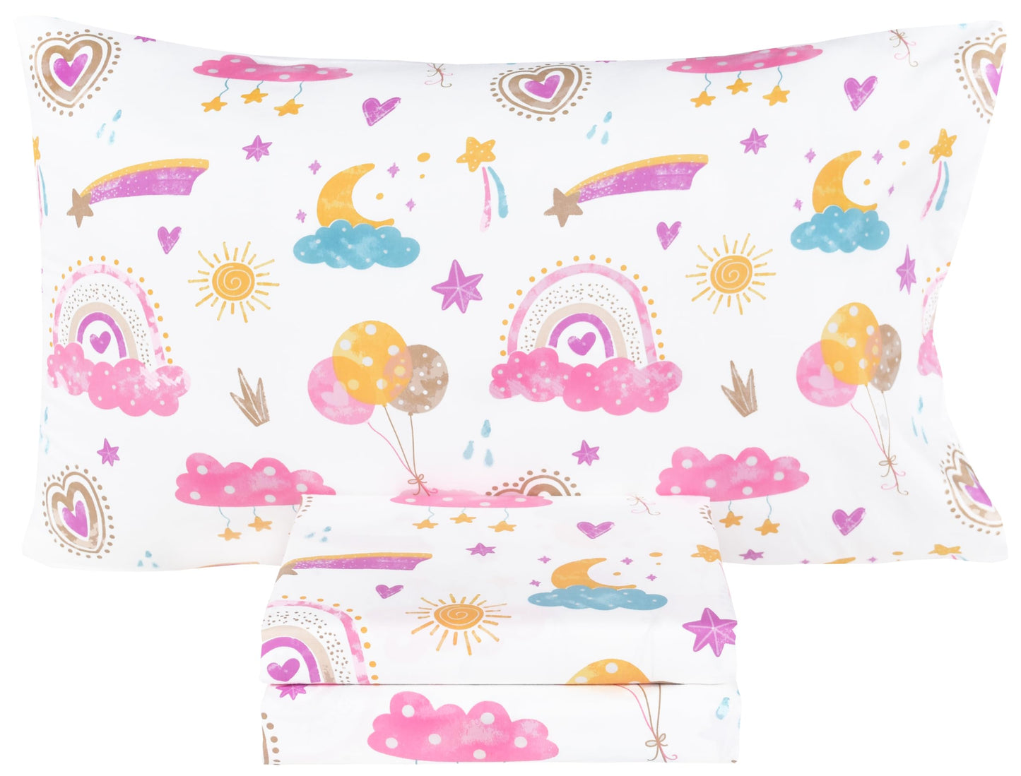 Scientific Sleep Pink Cloud Heart Rainbow Balloon Moon Star Cute Fun 100% Cotton Cozy Twin Bed Sheet Set, Flat Sheet & Fitted Sheet & Pillowcase Natural Bedding Set