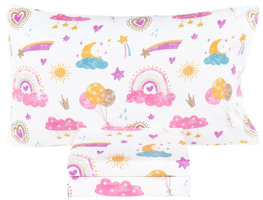 Scientific Sleep Pink Cloud Heart Rainbow Balloon Moon Star Cute Fun 100% Cotton Cozy Twin Bed Sheet Set, Flat Sheet & Fitted Sheet & Pillowcase Natural Bedding Set