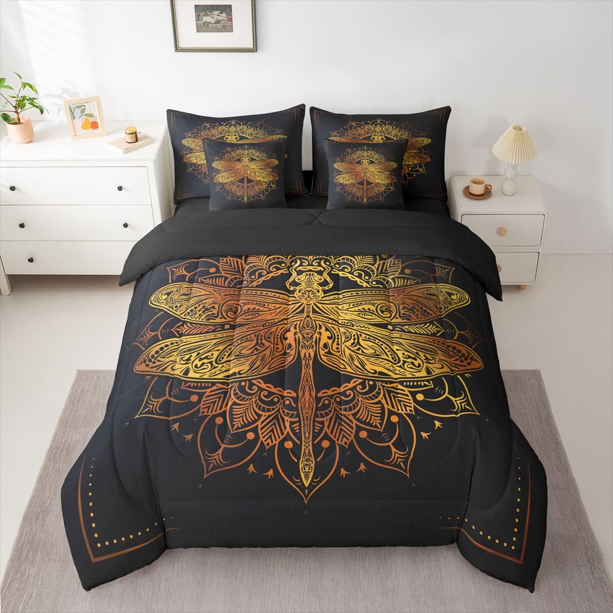 Erosebridal Gold Dragonfly Comforter Set Mandala Bed in A Bag King Size 7 Pieces Boho Bed Set Room Decor Exotic Style Bedding with Sheets