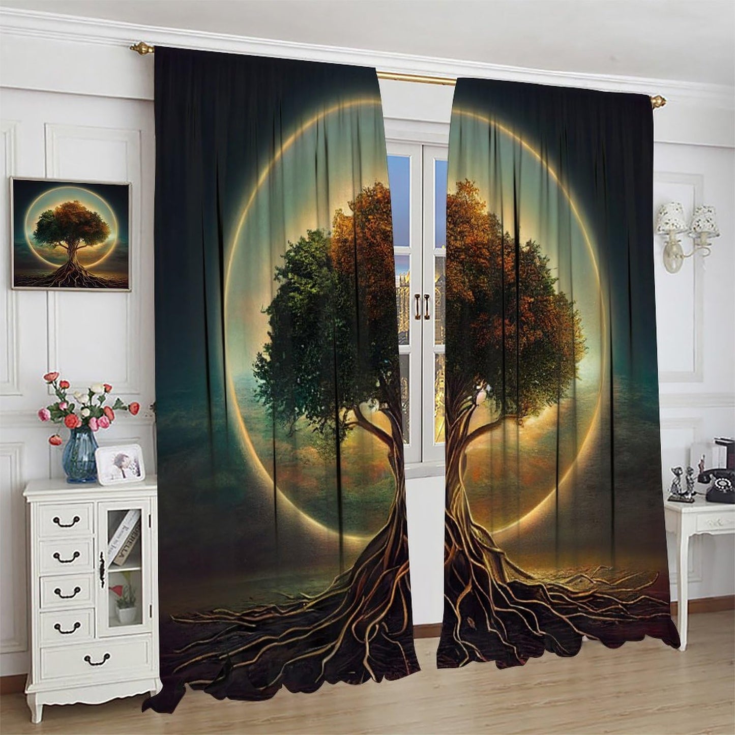 HZOHNAGO Tree of Life Curtains Vibrant Golden Forest Grassland Pattern Print Decor Rod Pocket Window Drapes for Bedroom Living Room 42x45in