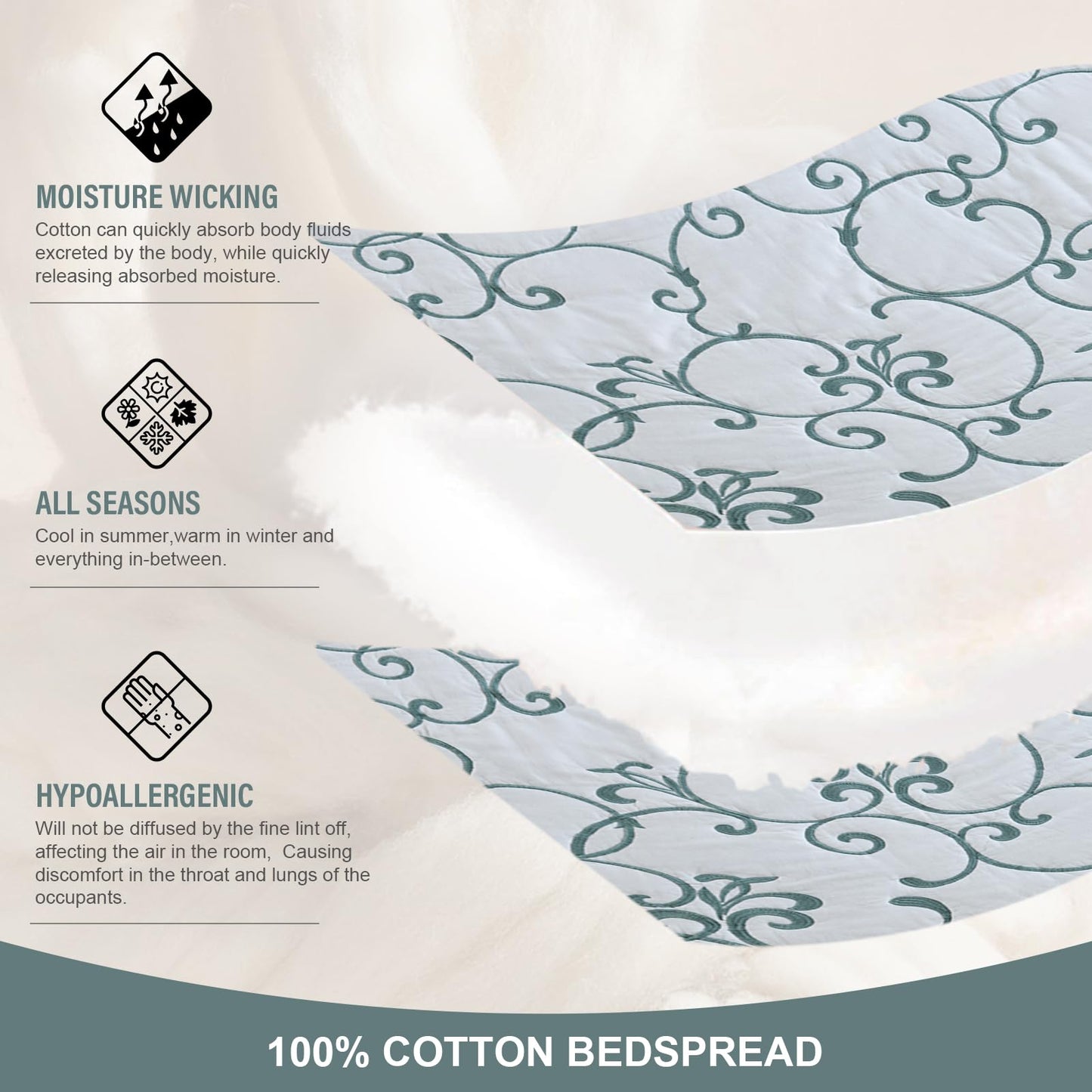 FineStichery Oversized King Bedspread 128"x120" - 100% Cotton California King Quilt, Embroidered Bedspread Coverlet with Pillow Shams, Lightweight Quilted Bedding Set 3 Piece, Aqua Blue/White