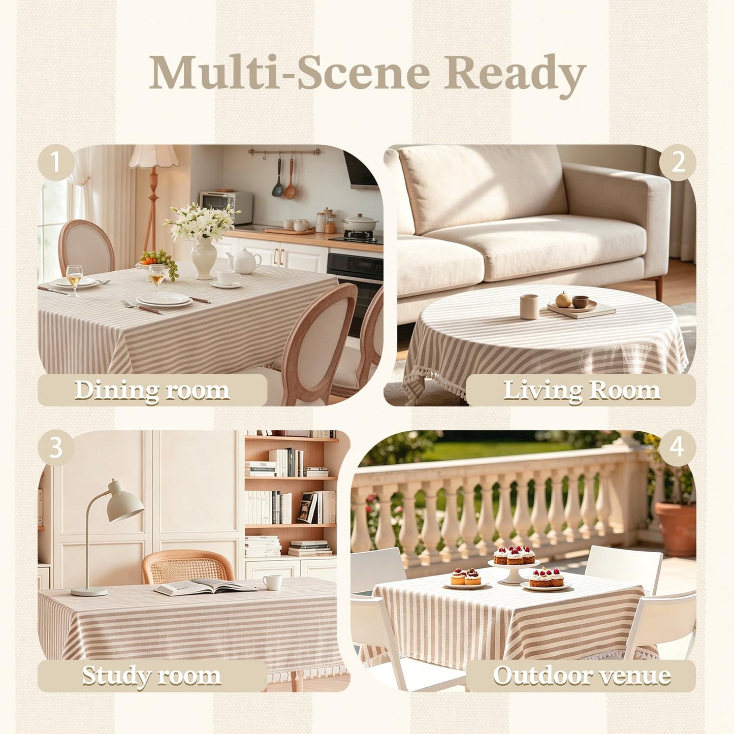 Laolitou Beige Striped Table Cloth Square Table Wrinkle Resistant Cotton Linen Tablecloth Washable Table Cover for Dining Kitchen,Beige and White,55"X55"