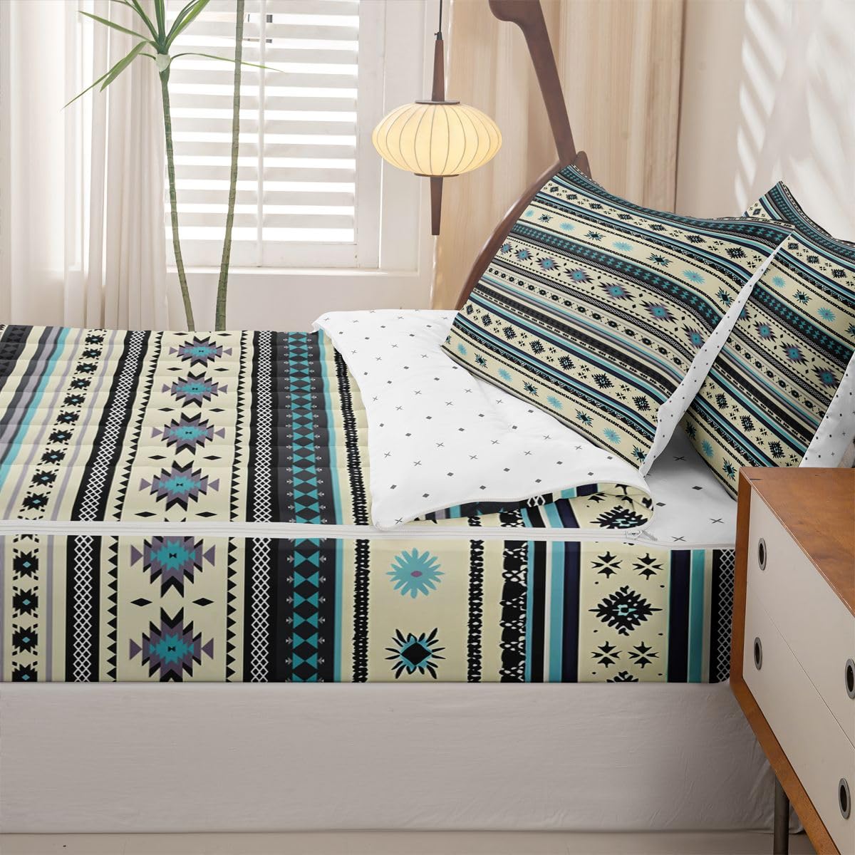 Western Zipper Bedding Queen Vintage Exotic Geometric Triangle Zip Up Bedding Set for Boys and Kids, Ethnic Tribal Arrow Bed in a Bag African Indian Tribal Sriped Boho Comforter Set with Sheets Brown