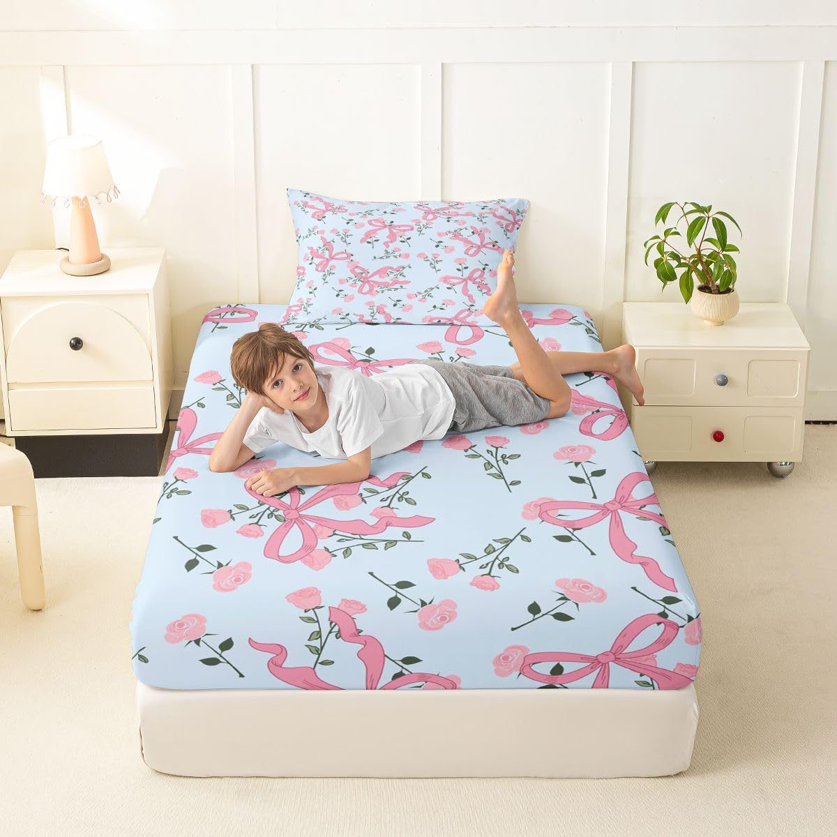 jejeloiu Blue Floral Bowknot Fitted Sheet Twin Size for Kids Boys Girls Romantic Princess Style Bowknot Bed Sheets Set 16" Deep Pocket Cute Coquette Bow Bedding with 1 Pillowcase Room Decor