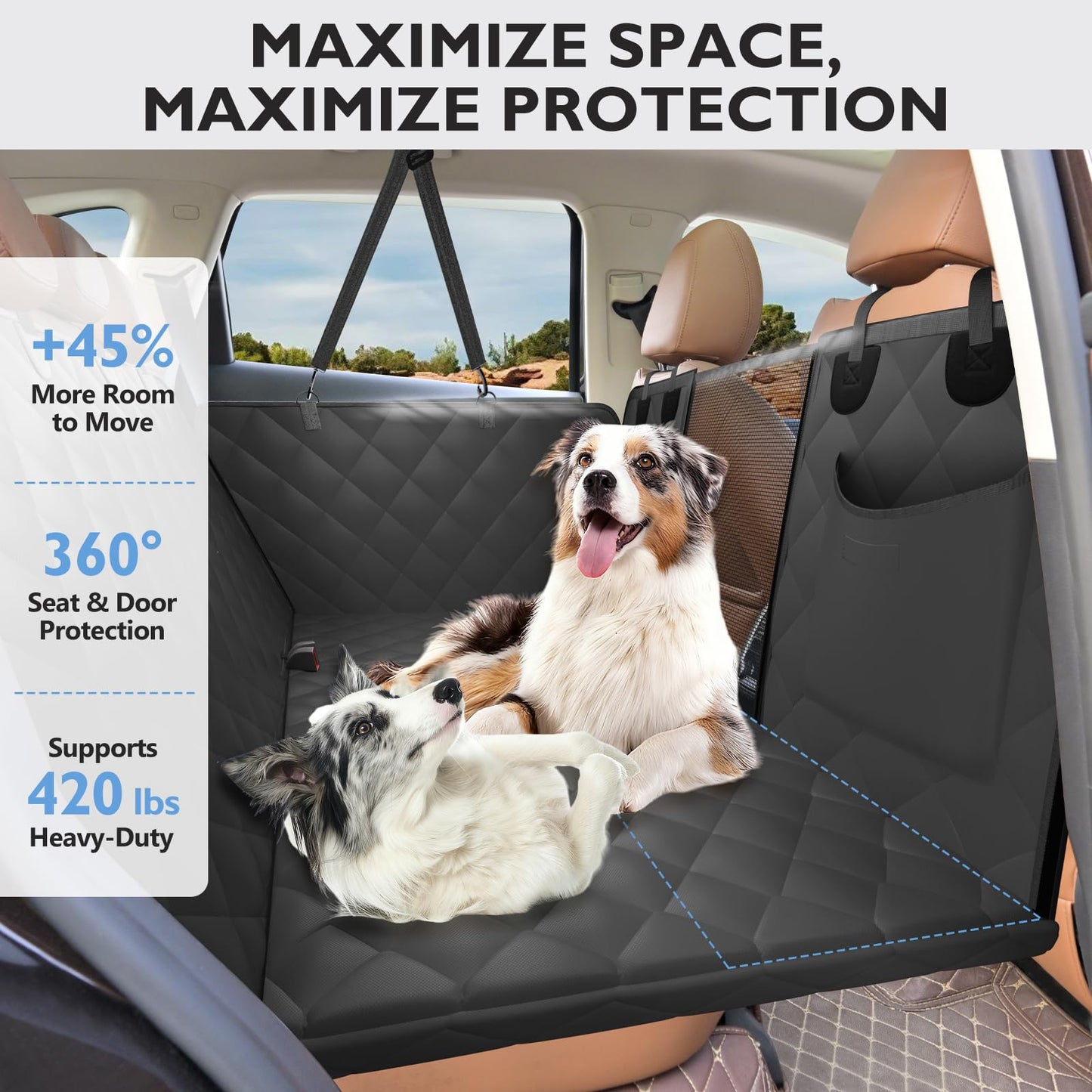 ROUWINNE Back Seat Extender for Dogs-Large Space, Hard Bottom Egg Crate Foam Soft Dog Car Seat Cover, Sturdy Backseat Extender for Dogs, Waterproof Pet Car Bed Dog Hammock for Car, SUV, Truck