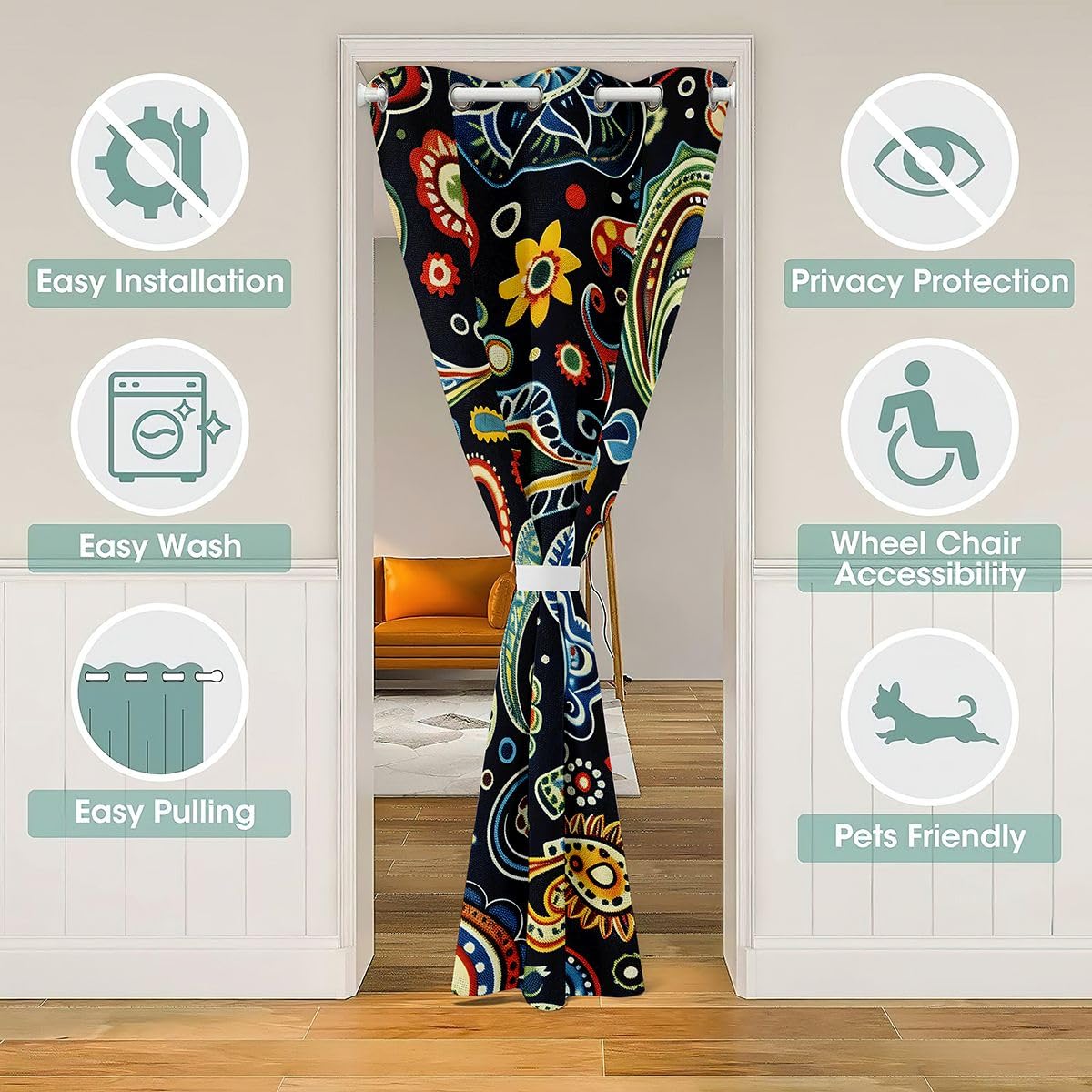 Feelyou Flower Door Curtain for Doorway Privacy Paisley Closet Cover Boho Paisley Blue Print Room Divider Curtain 42" x 84" Bohemian Exotic Style Bedroom Living Room Indian Style Window Treatments