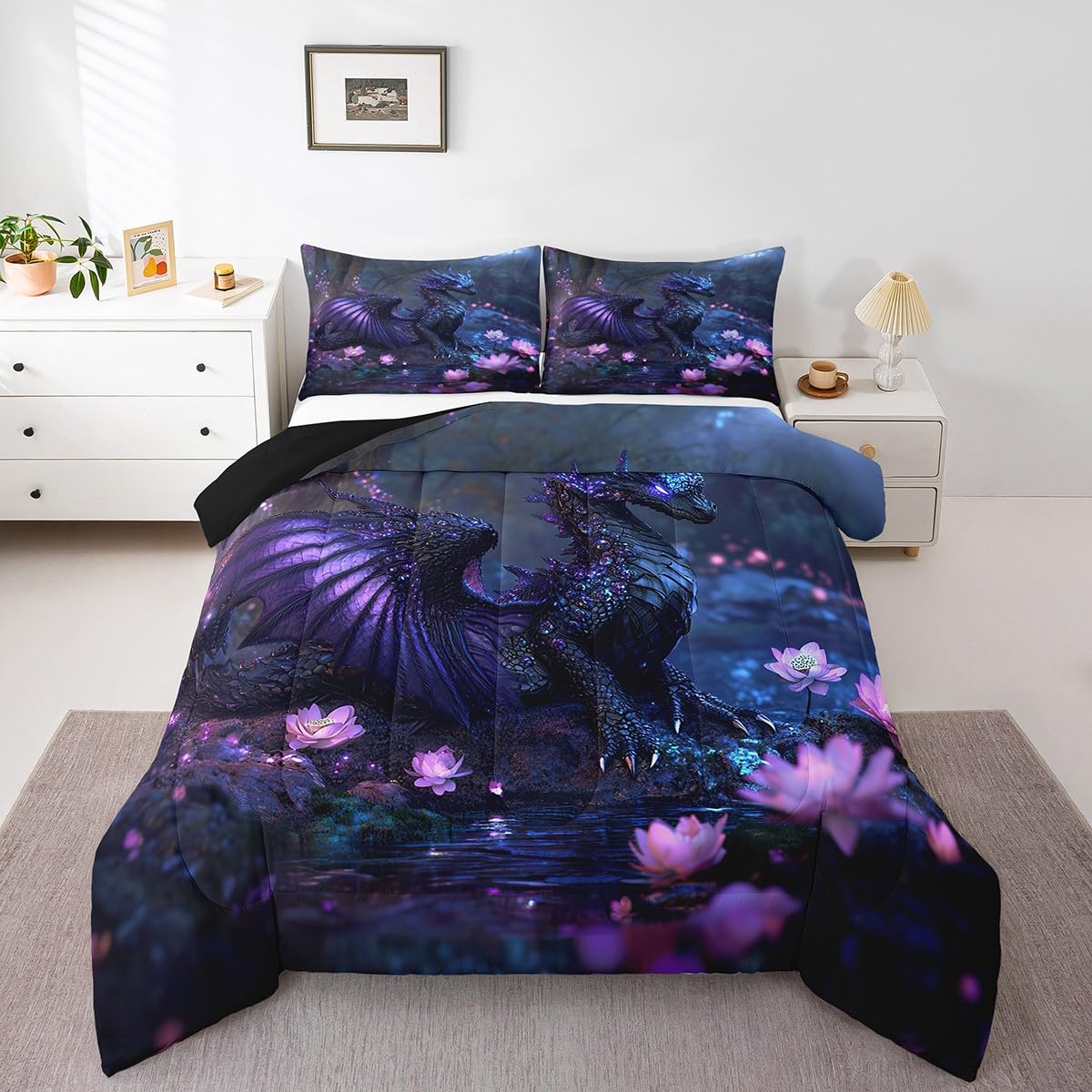 Feelyou Dragon Comforter Set Twin Size Dragon Stuff Comforter for Boys Girls Teens Wild Life Bedding Set Flower Duvet Set Room Decor Black Purple Quilt Set
