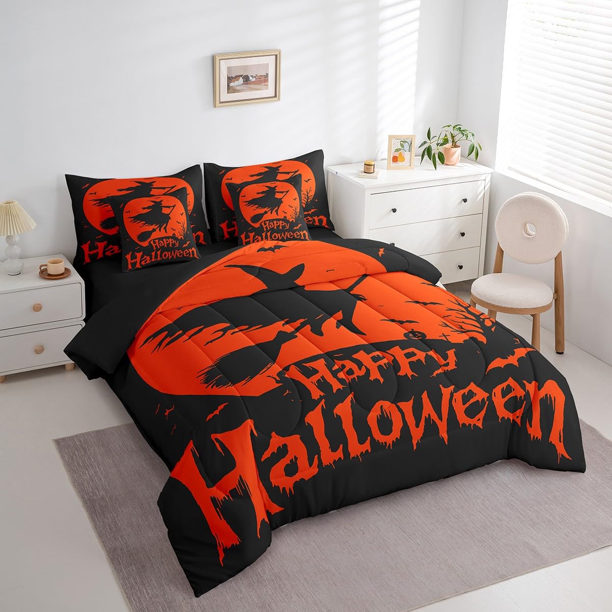 Feelyou Halloween Bed in a Bag Twin Size Witch 7 Piece Bedding Set for Kids Boys Girls Teens Bat Comforter Set with Sheets Pumpkin Bed Set