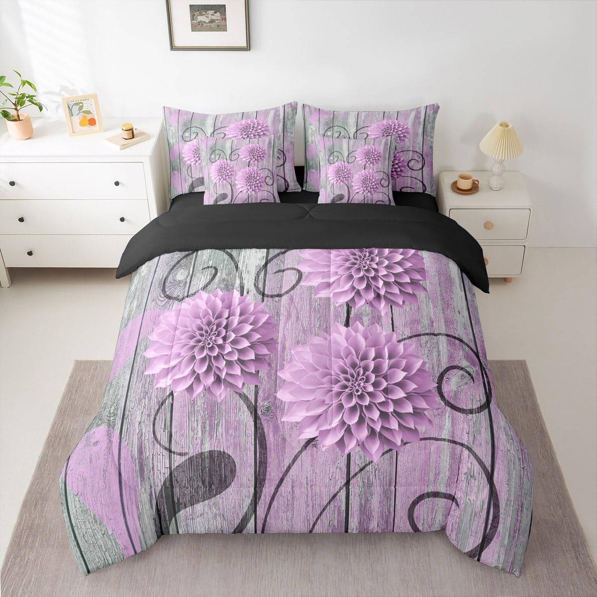 Erosebridal Dahlia Bed in A Bag Queen | Farmhouse Flower 7 Piece Comforter Set Floral Boho Sheet Set Breathable Lightweight Vintage Teal Wooden Fitted Sheet Reversible