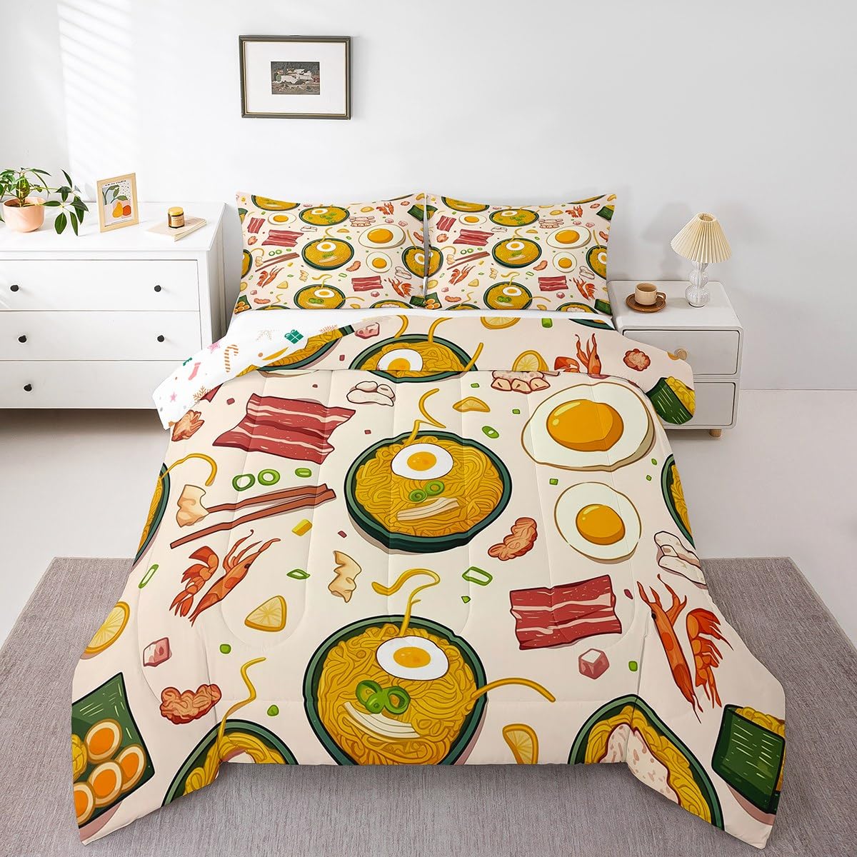 Erosebridal Ramen Noodle Queen Comforter Set,Japanese Food Bedding Set Ramen Gifts for Kids Boys Girls,Funny Food Quilt Bed Set Anime Style Bedding Comforter Sets with 2 Pillowcases Room Decor