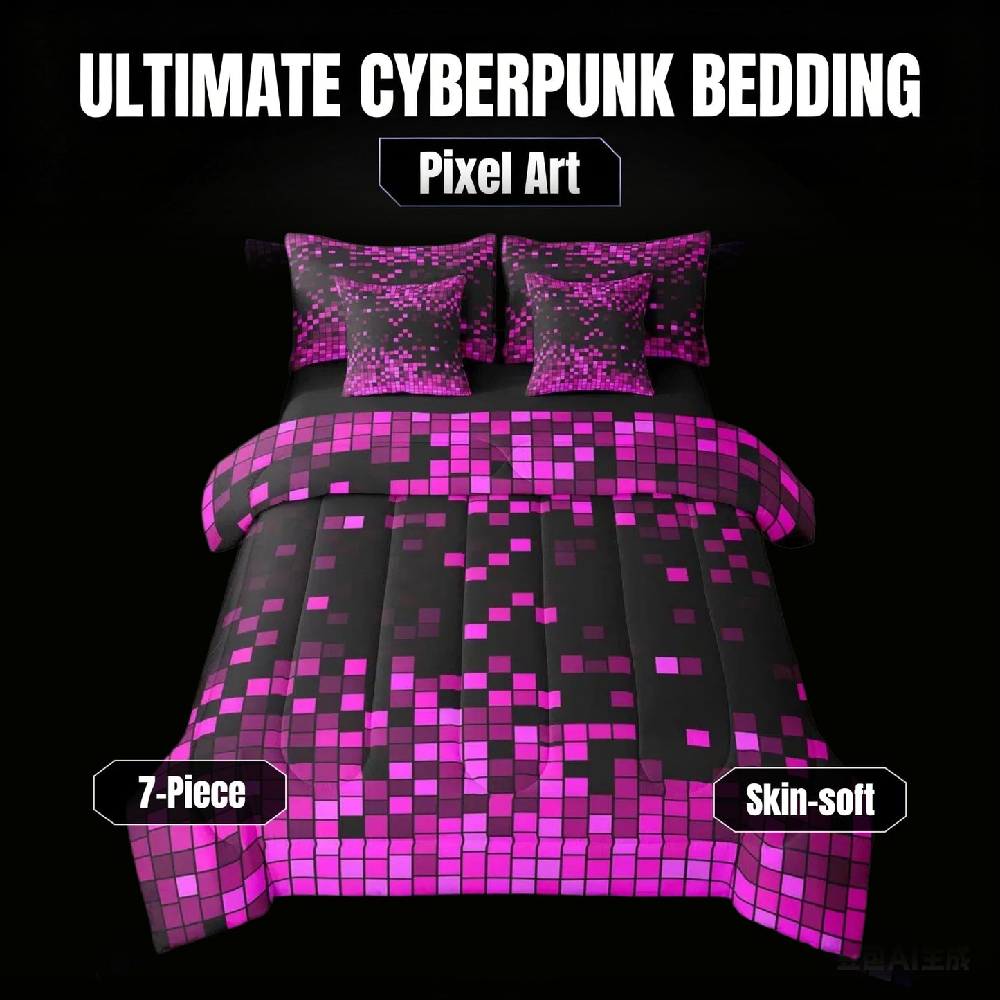 Feelyou Purple Black Retro Pixel Art Comforter Set with Sheets 7 Piece Twin Size Gaming Room Bed in a Bag Kids Boys Girls Retro Pixel Bedding Set Gamer Room Decor Bedroom Decor Microfiber