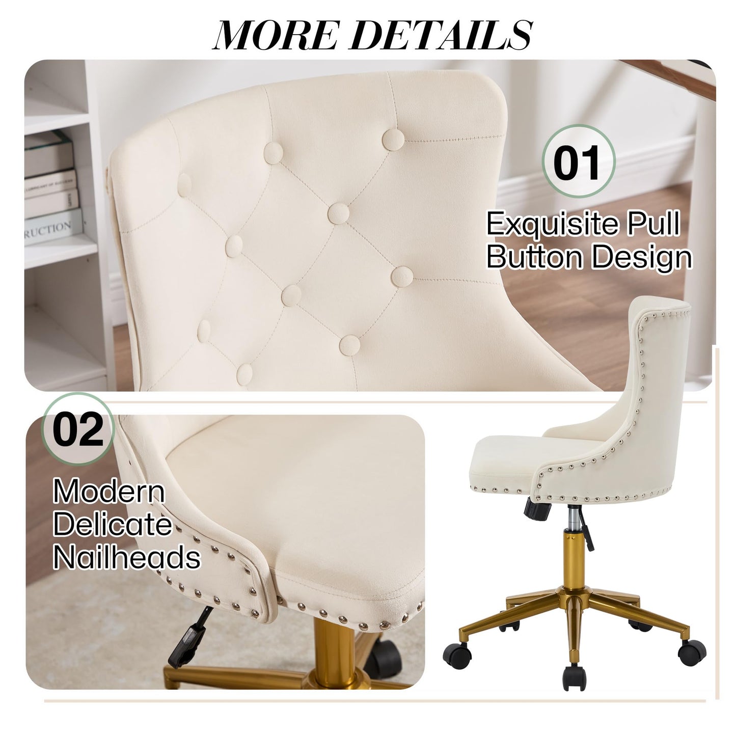 Beige Velvet Armless Desk Chair, Comy Vanity Chair with Rivet and Gold Base