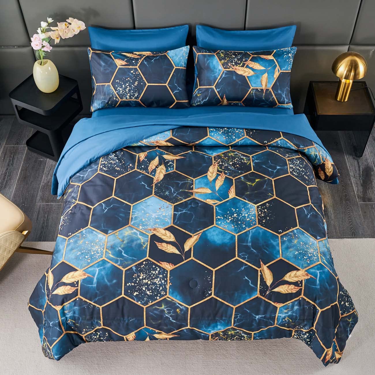 ANGIYUIN 7 Pieces Blue Gold Bed in A Bag Full Geometric Hexagon Theme Bedding Sets Gold Trim Comforter Set, Luxury Steel Blue Gold Foil Print Bed Sets with Pillowcases Sheets (Blue Full)