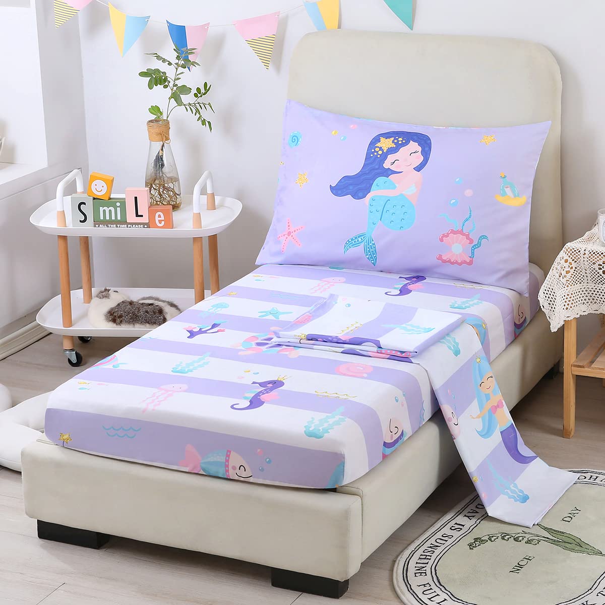 URBONUR 4-Piece Toddler Bedding Set - Ultra Soft Cartoon Mermaid Girls Toddler Comforter Set Coral Starfish - Include Comforter, Flat Sheet, Fitted Sheet and Reversible Pillowcase, Purple Mermaid