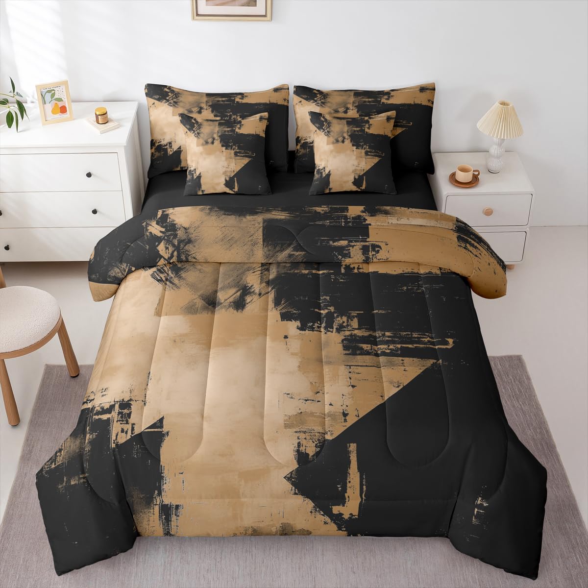 Feelyou Abstract Comforter Set King Size 7 Pieces Modern Abstract Art Bedding Set Luxury Bed in a Bag with Comforter, Sheets, Pillowcases, Cushion Covers Geometric Bedroom Decor Deep Brown