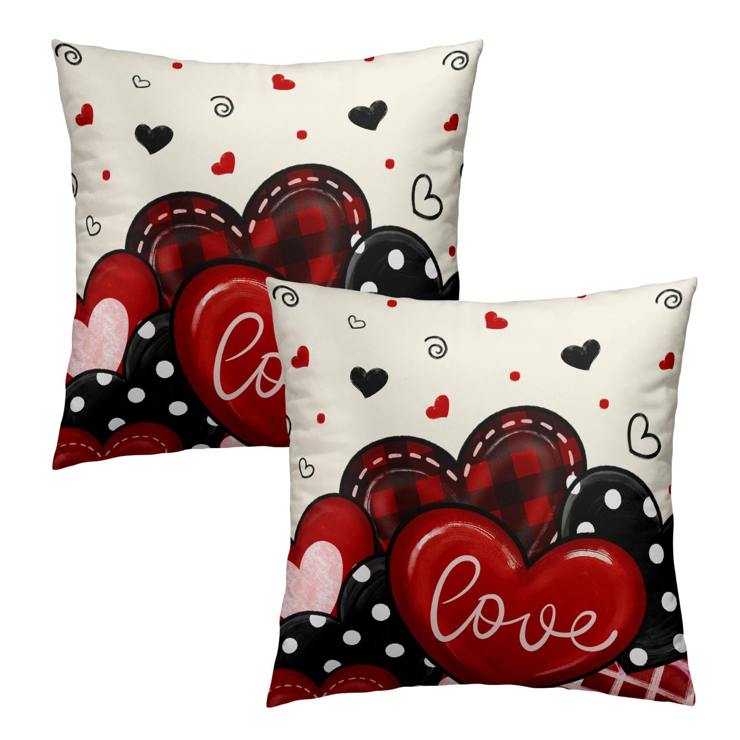 Mweet Valentines Day Pillow Covers 18x18 Inch Set of 2, Red Black Plaid Dots Hearts and Love Design Square Pillowcases for Sofa Couch Bed Chair Indoor Outdoor Home Decor